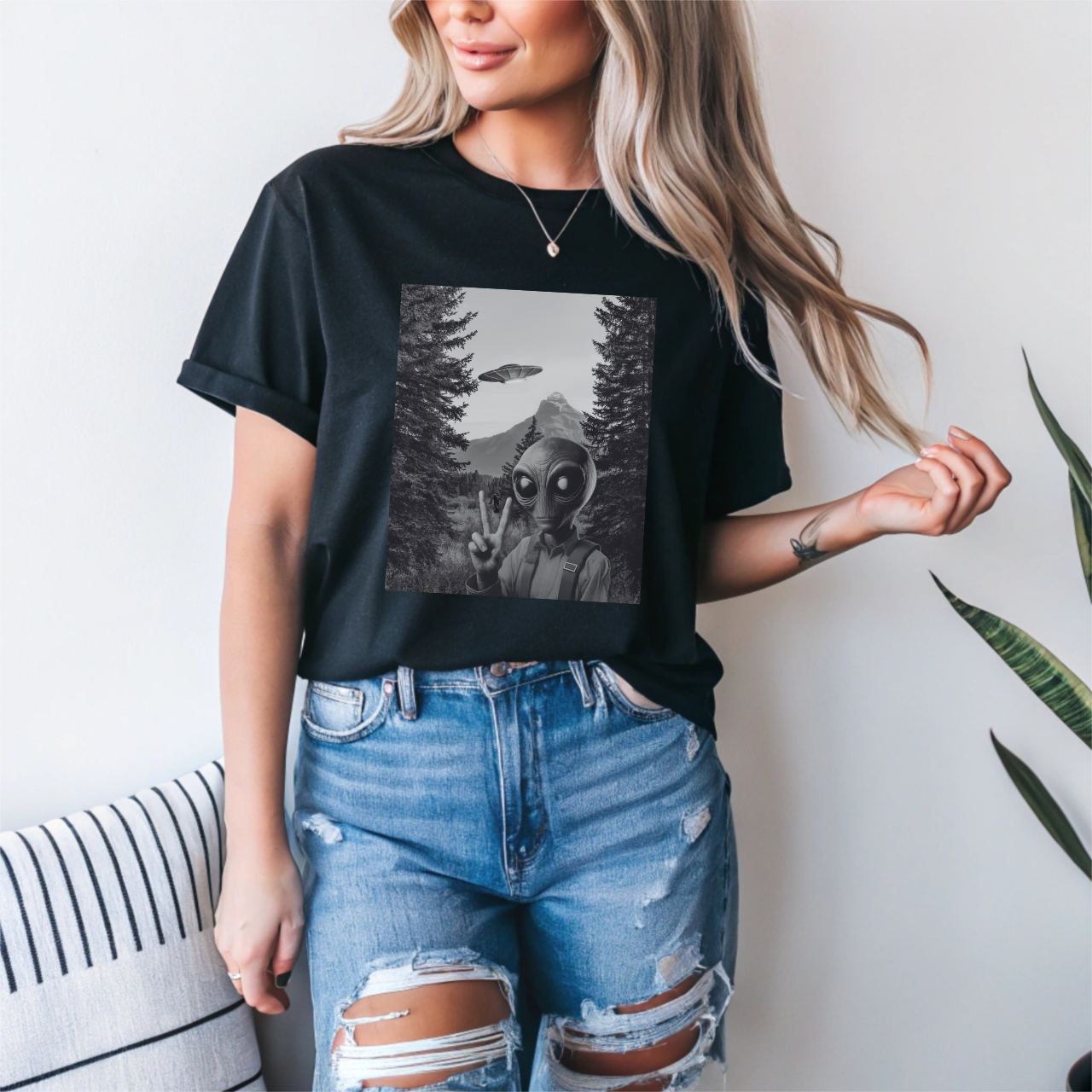 Alien Selfie with Bigfoot Photobomb T-Shirt product thumbnail image Alien Selfie with Bigfoot Photobomb T-Shirt product thumbnail image