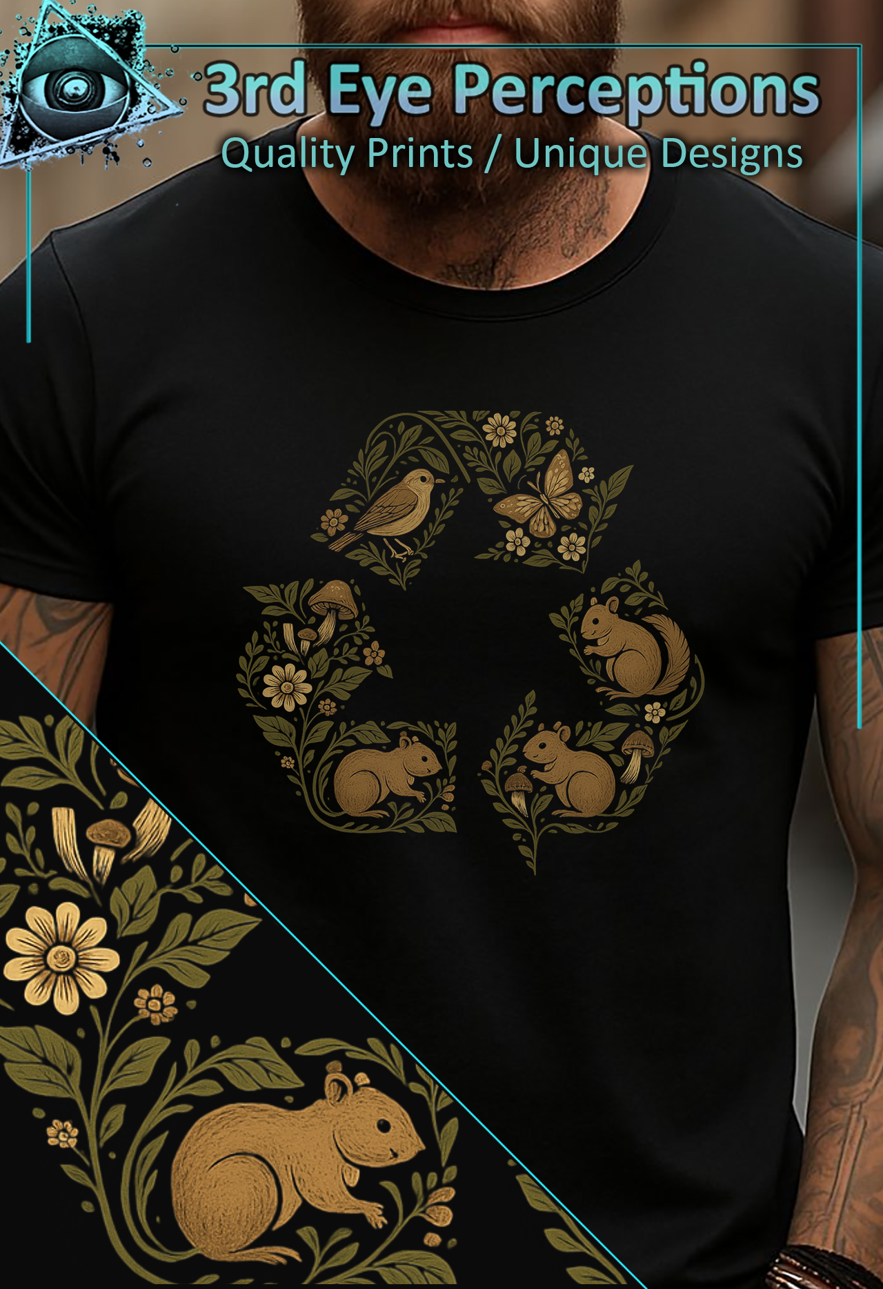 Detailed Vintage Forest Wildlife Recycle Symbol Earth Day Awarness 