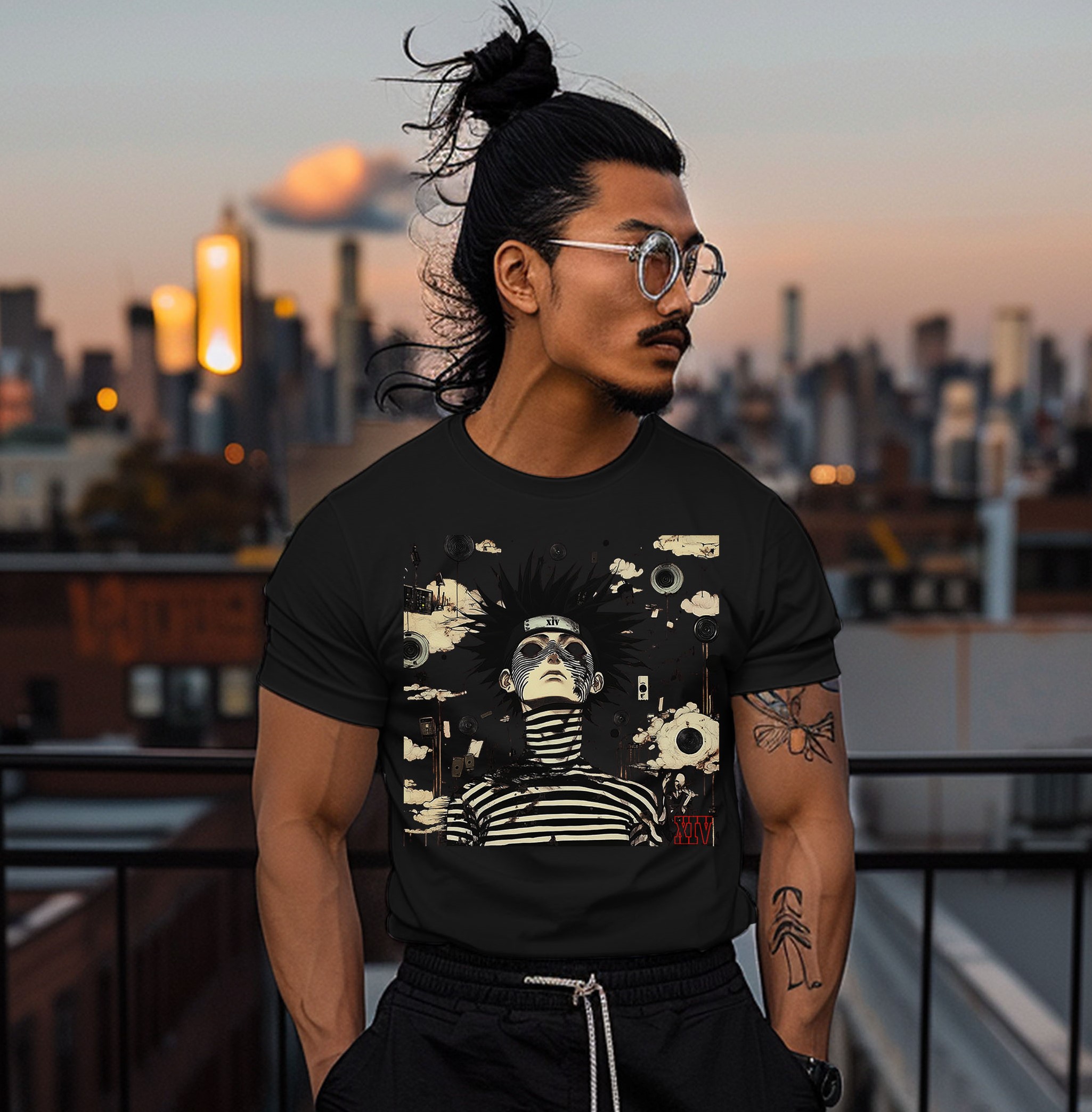 Psychedelic Anime Character T-Shirt – Bold Striped Design