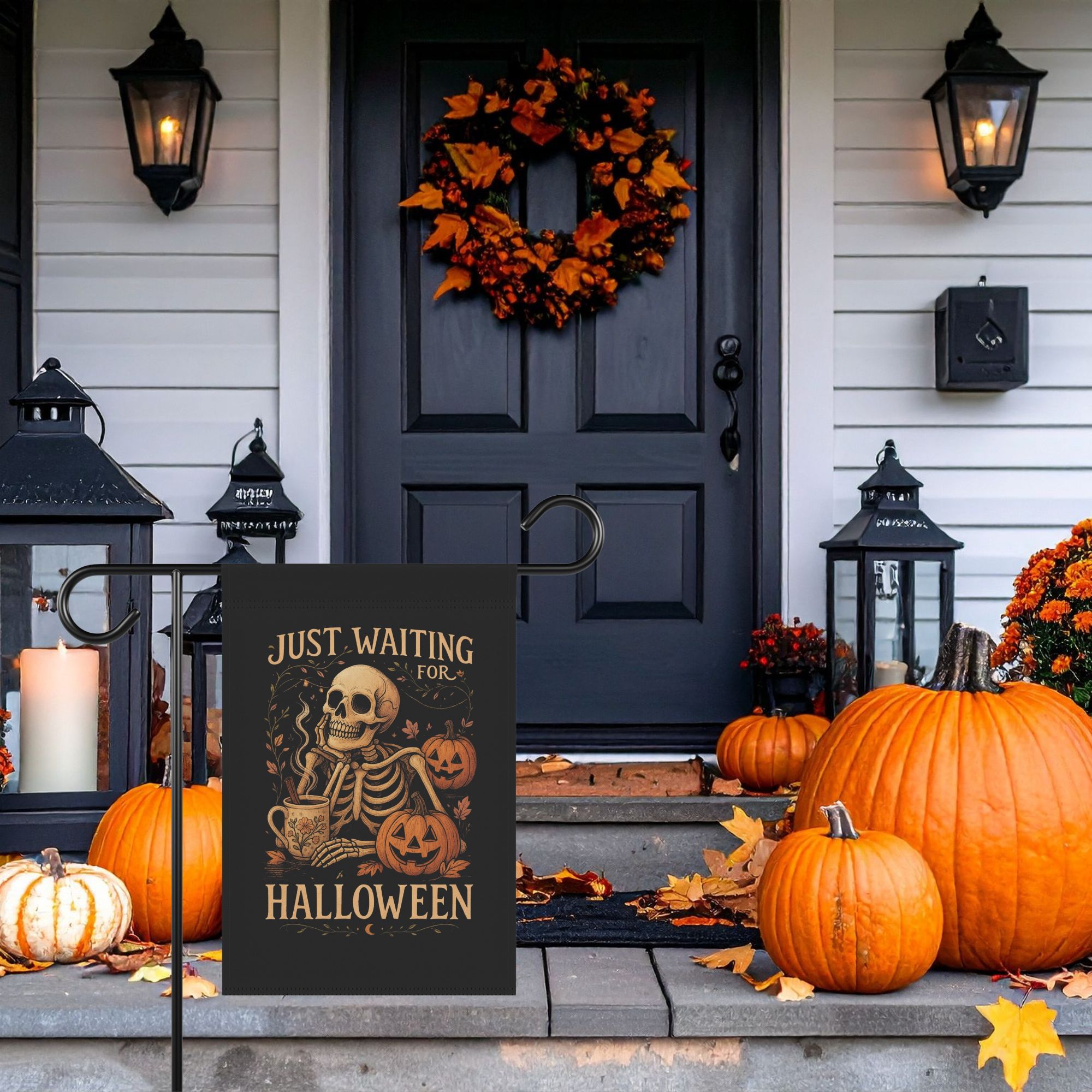 Just Waiting for Halloween Skeleton Garden Flag