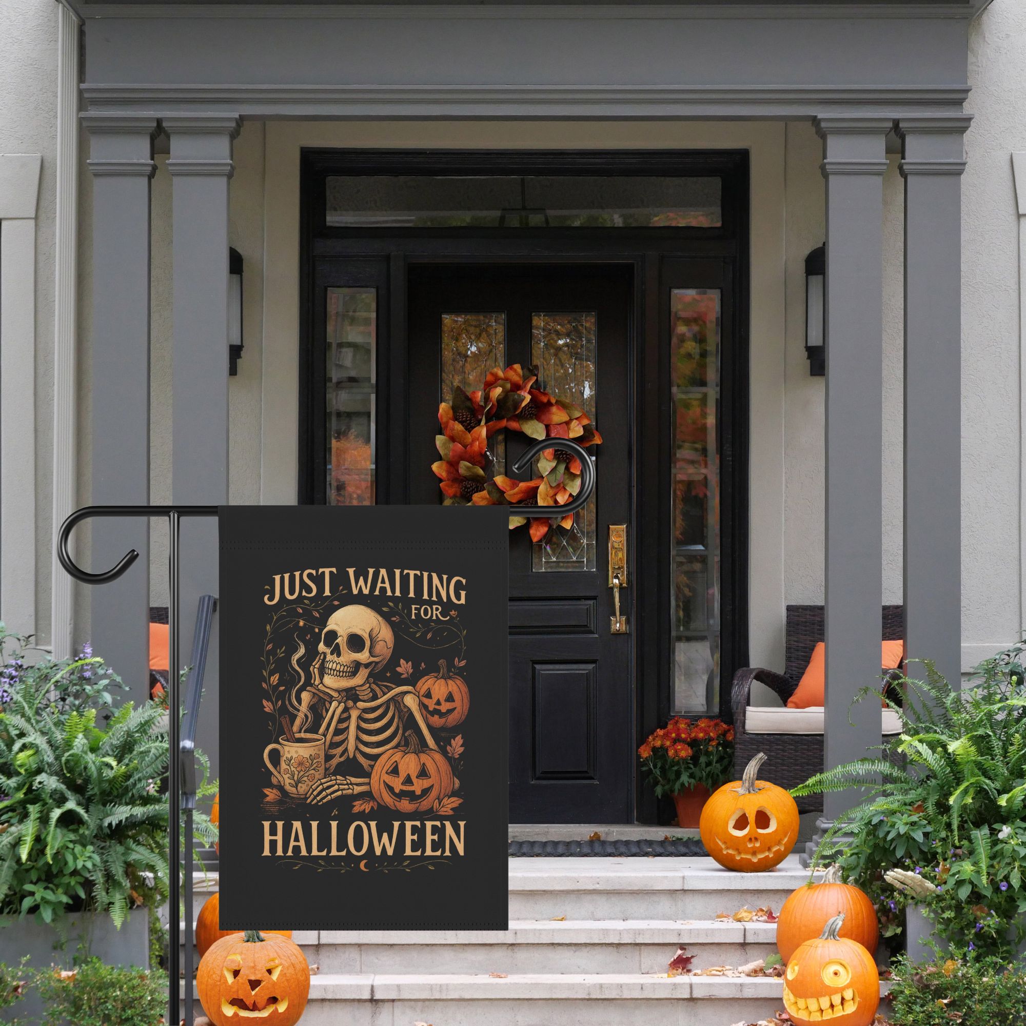 Just Waiting for Halloween Skeleton Garden Flag product thumbnail image