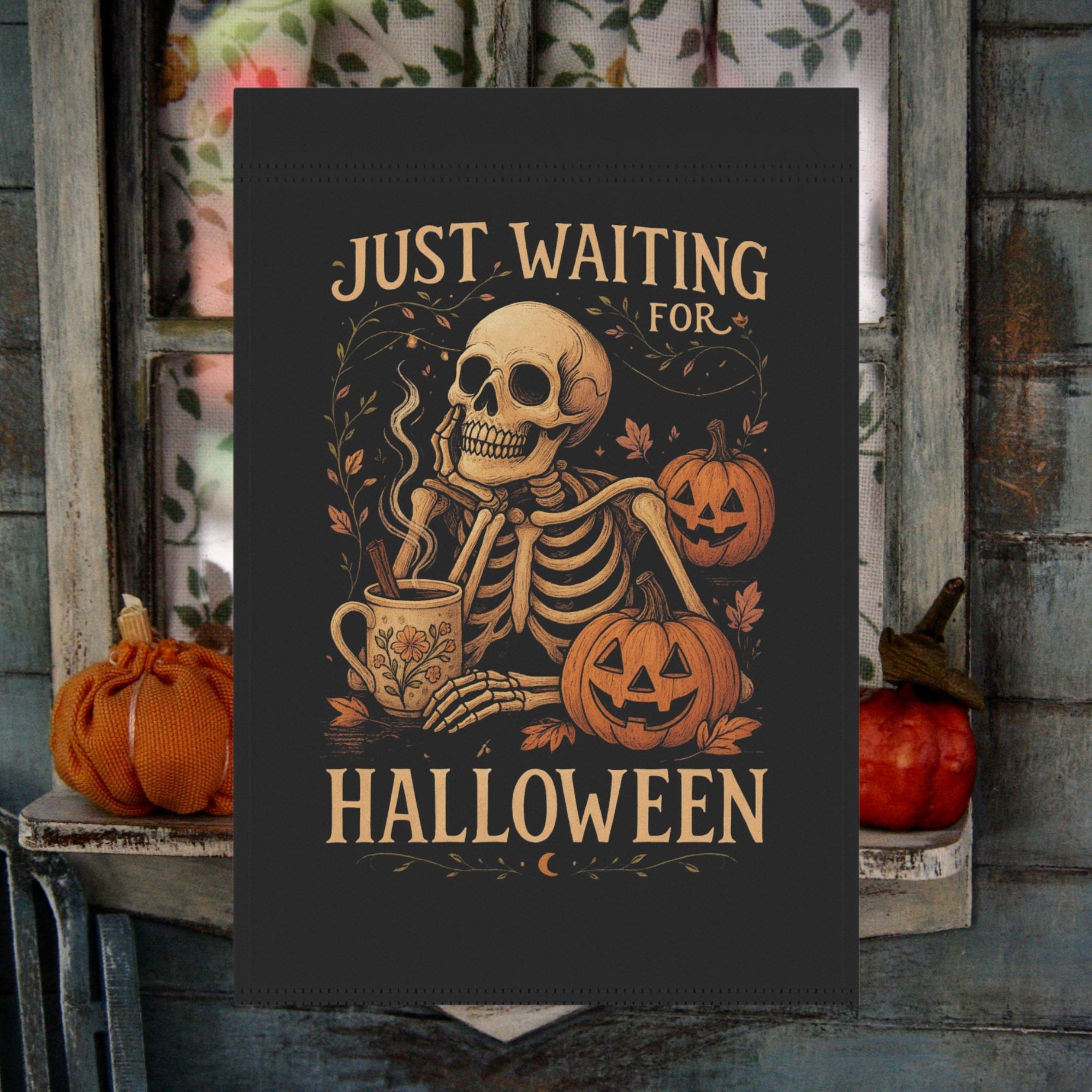 Just Waiting for Halloween Skeleton Garden Flag product thumbnail image