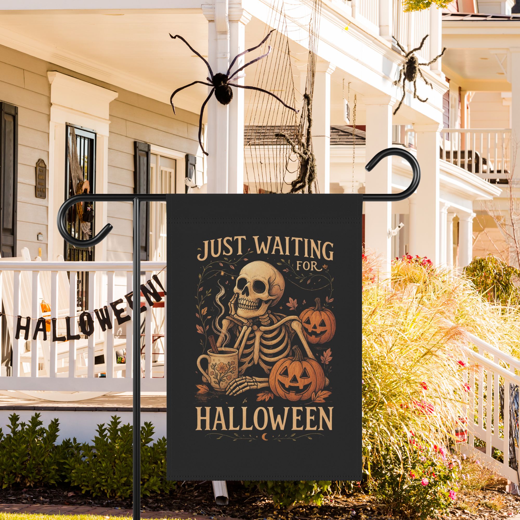 Just Waiting for Halloween Skeleton Garden Flag product thumbnail image
