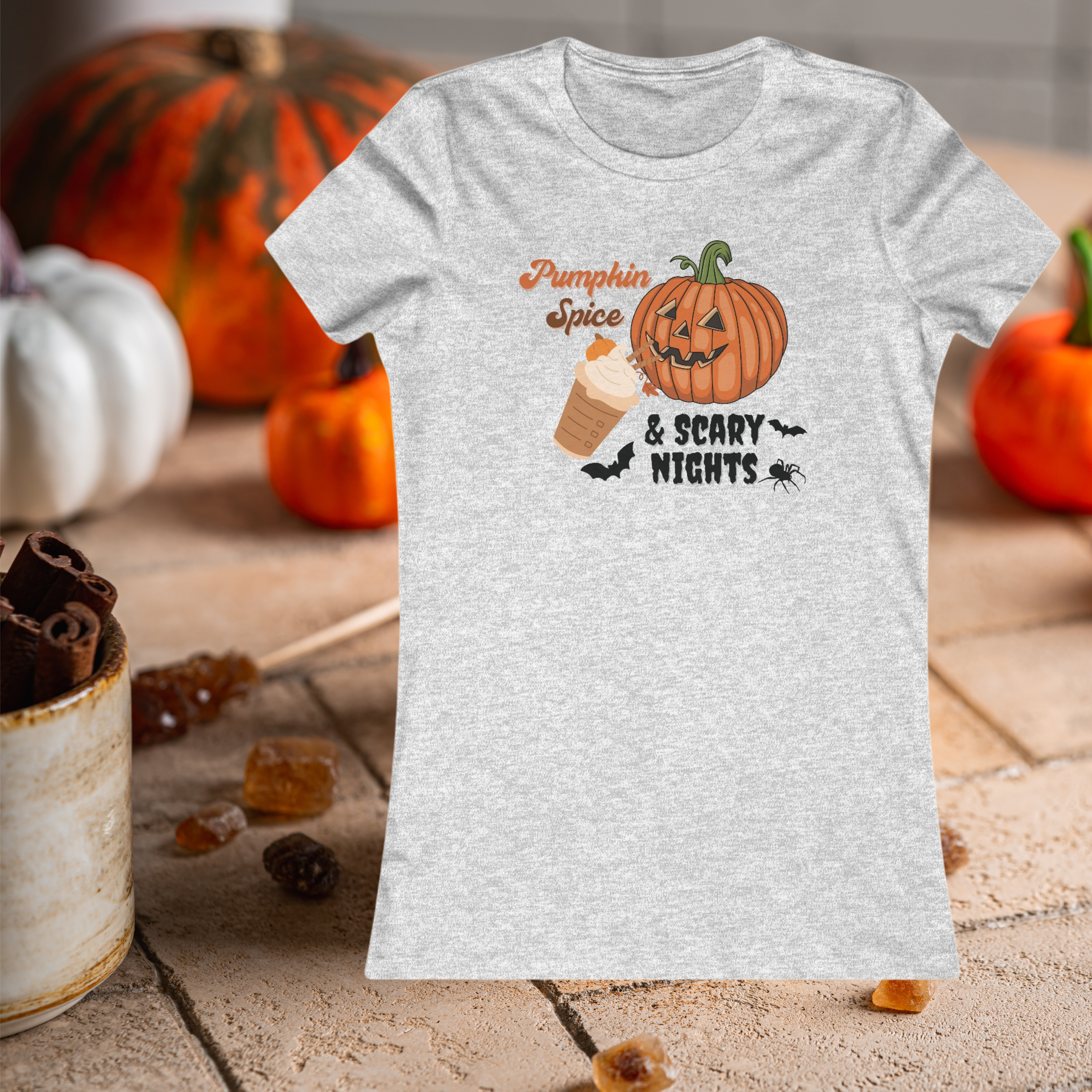 Pumpkin Spice &amp; Scary Nights Tee, Halloween Shirt, Fall Fashion, Cute Women's Tee, Spooky Season Apparel, Gift for Her product thumbnail image