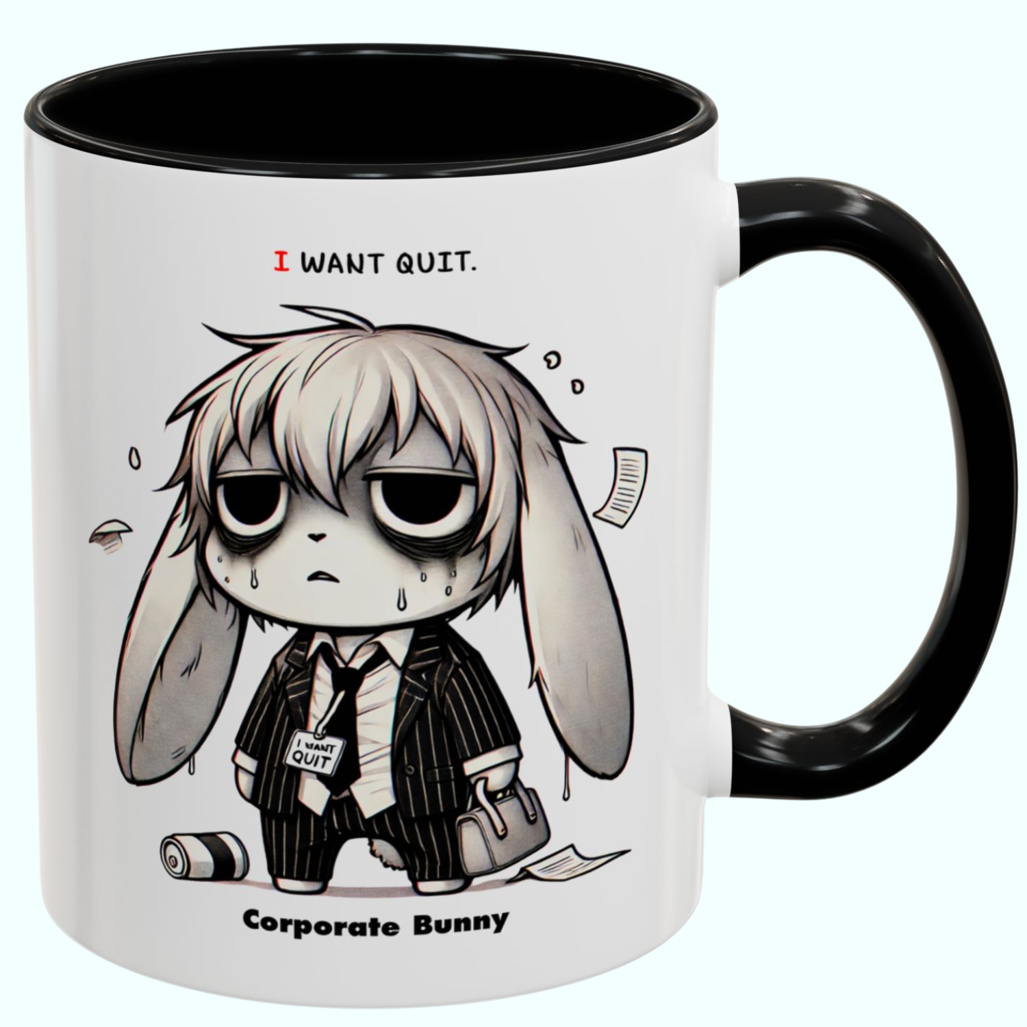 Funny Overworked Bunny Mug – "I WANT QUIT" &amp; "Don't Follow Me" Quotes – Black Handle Coffee Cup