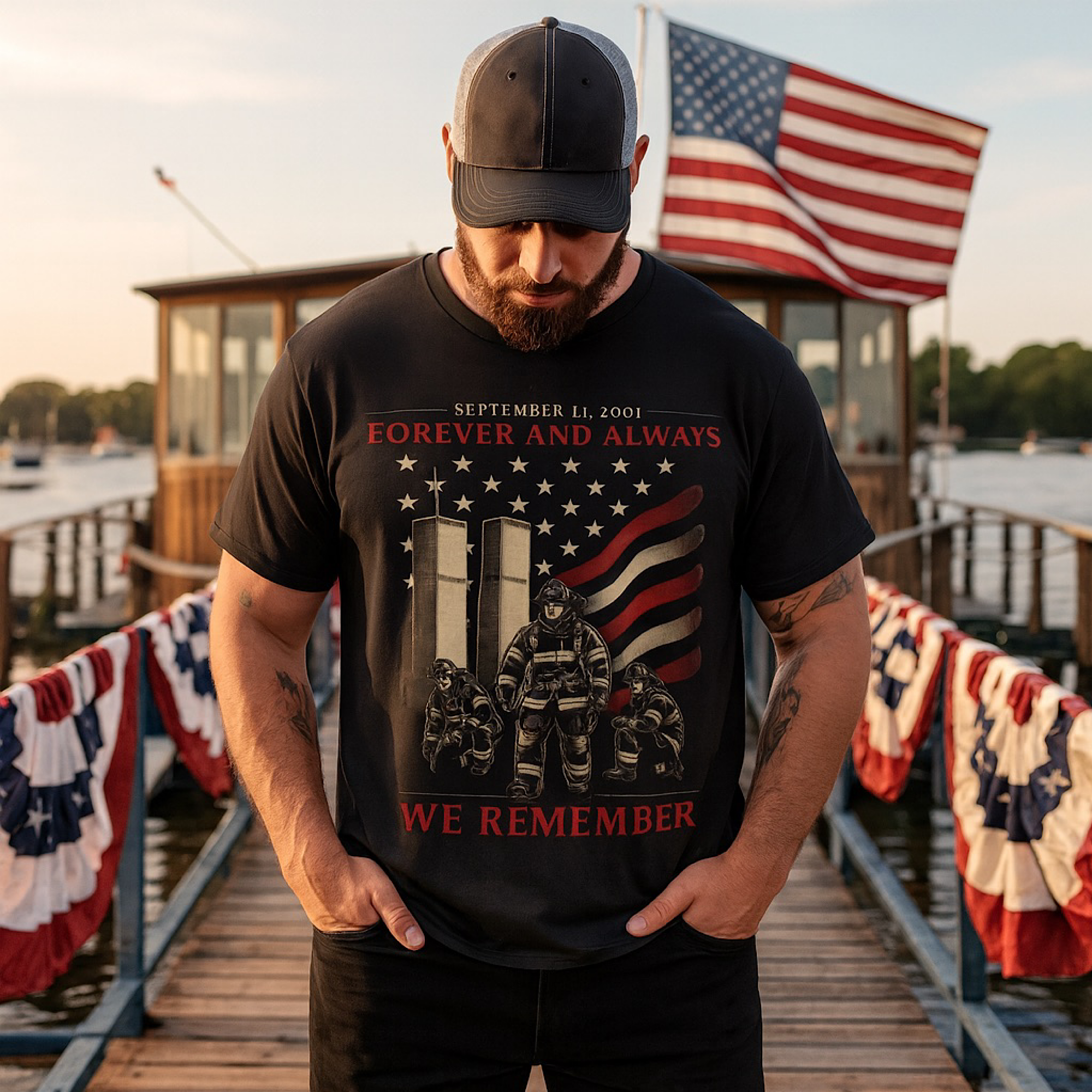 9/11 Memorial T-Shirt Forever and Always We Remember Twin Towers Firefighter Tee product thumbnail image