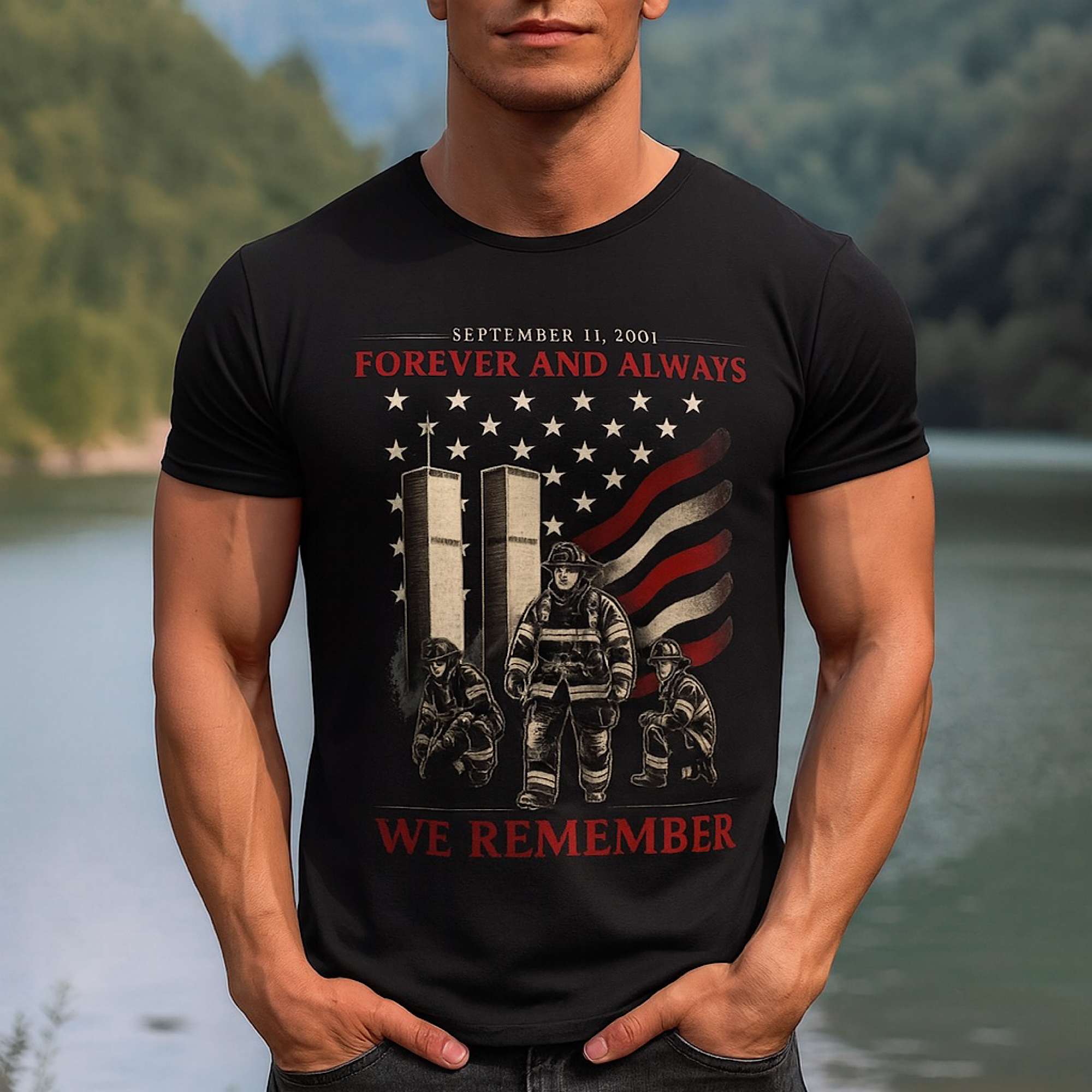 9/11 Memorial T-Shirt Forever and Always We Remember Twin Towers Firefighter Tee