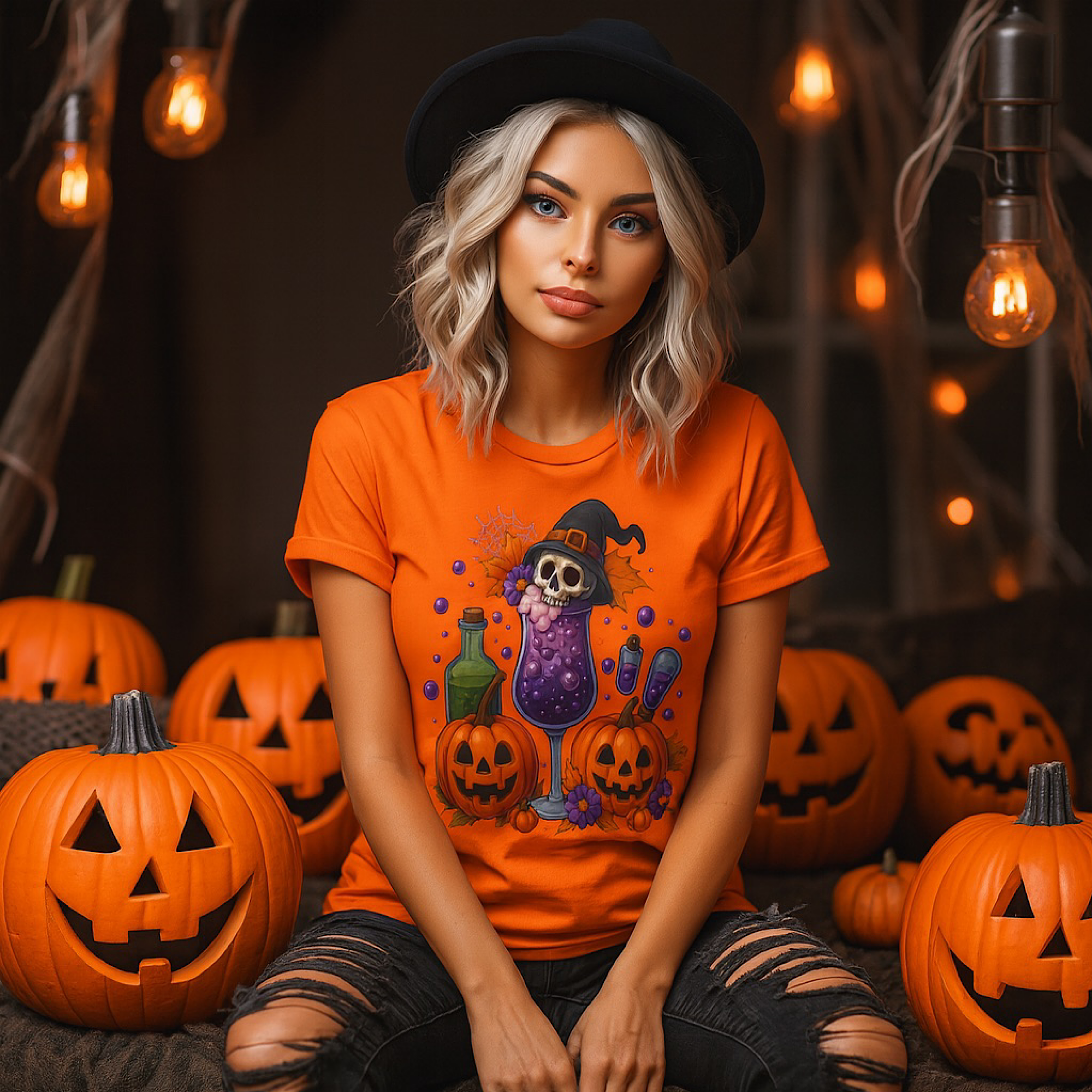 Halloween Skull Witch Drink Shirt Cute Spooky Fall Pumpkin Tee Ladies Witchy Wine Glass Shirt Autumn Skeleton Shirt for Women October Outfit