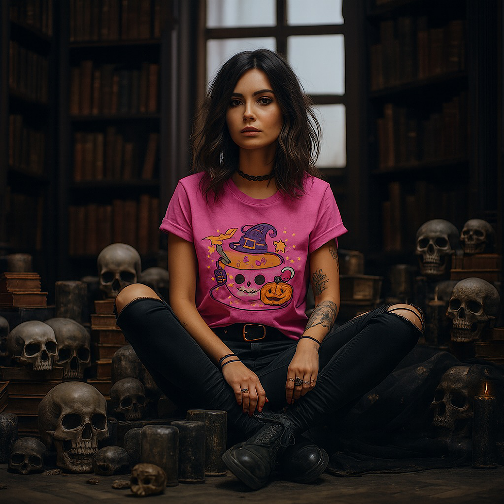 Women's Cute Halloween Skull Tea Cup Shirt Witch Hat Pumpkin Fall Shirt Pastel Goth Halloween T  Spooky Season Graphic Tee Kawaii Witchy