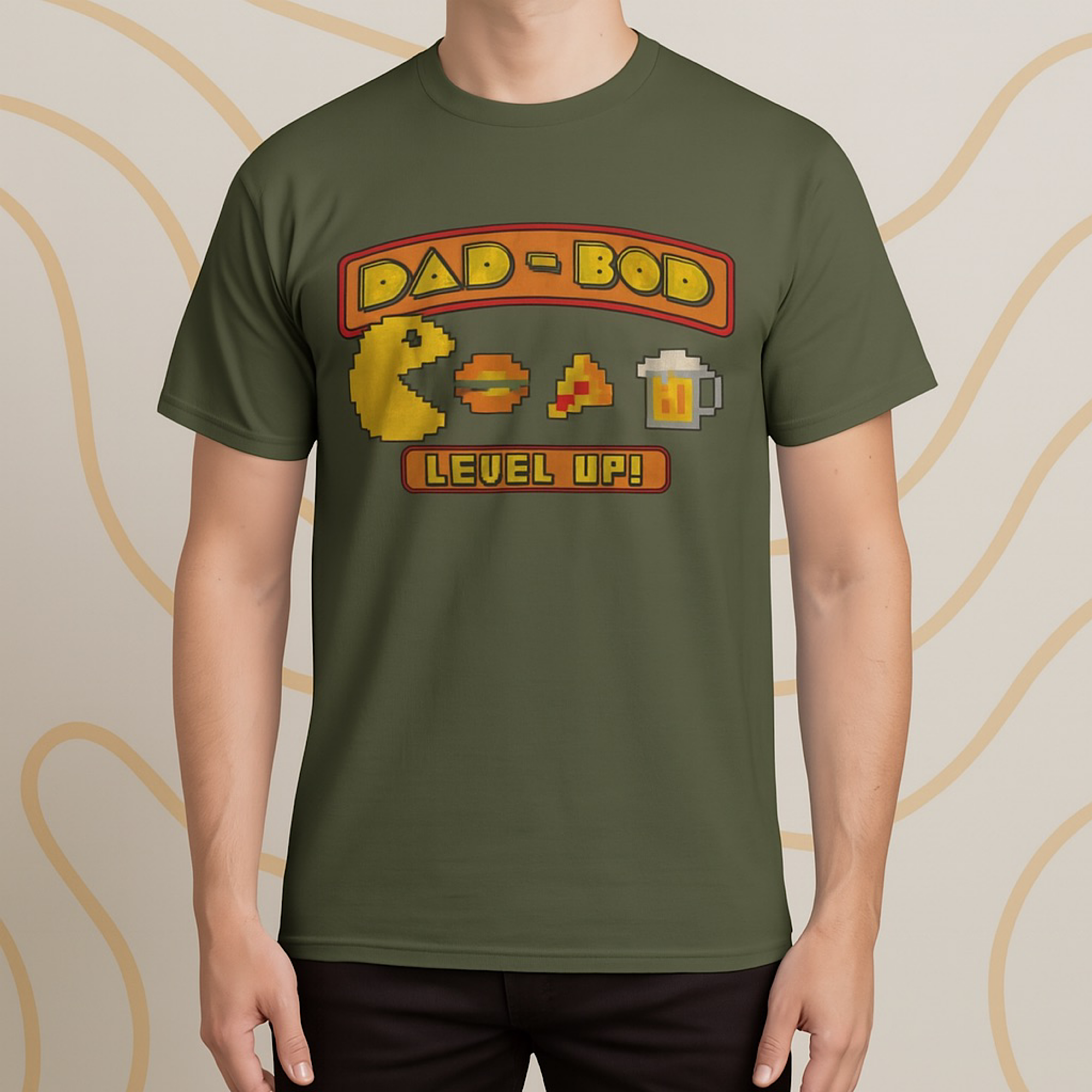 Dad Bod Level Up T-Shirt Gamer Pacman Beer Pizza Burger Retro 8-Bit Graphic Tee