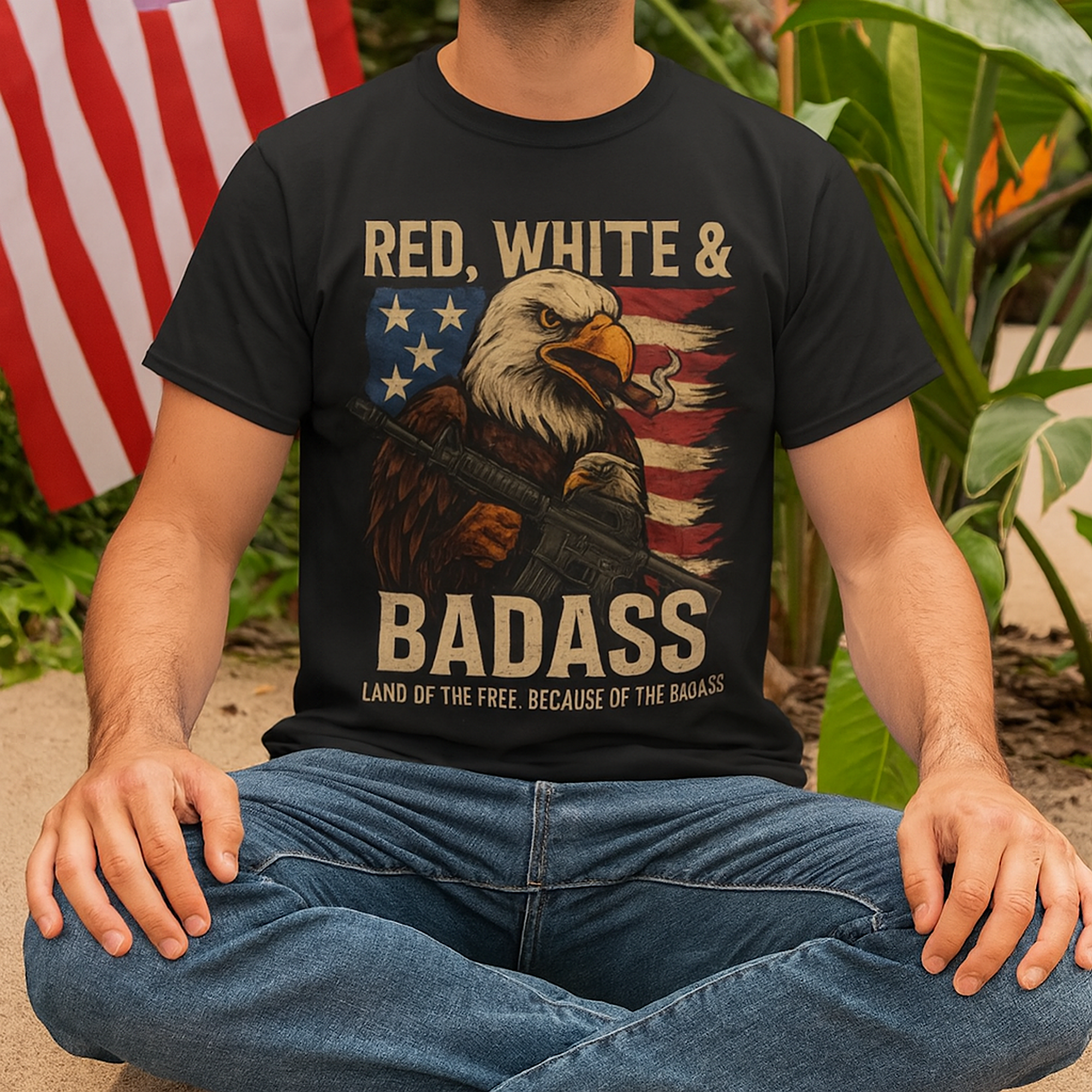 Red White &amp; BADASS Eagle Shirt USA Flag Gun Freedom  Patriotic 2A Veteran Gift