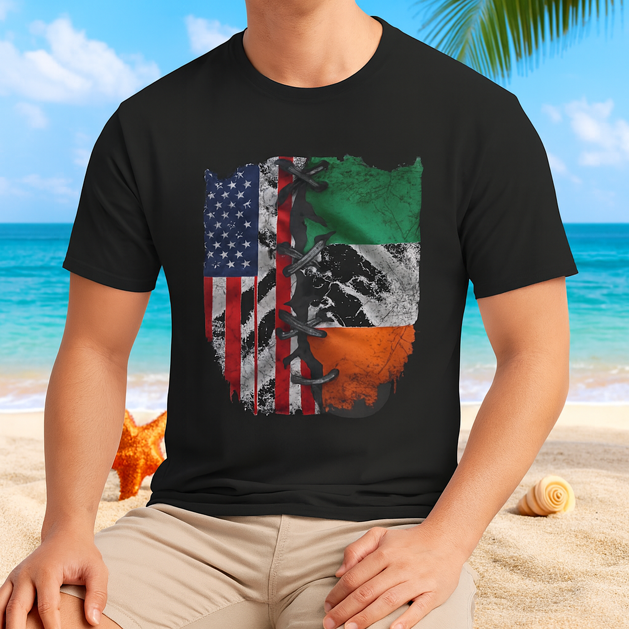USA &amp; Ireland Flag Shirt Torn Laced Irish American Pride Tee Celtic Heritage