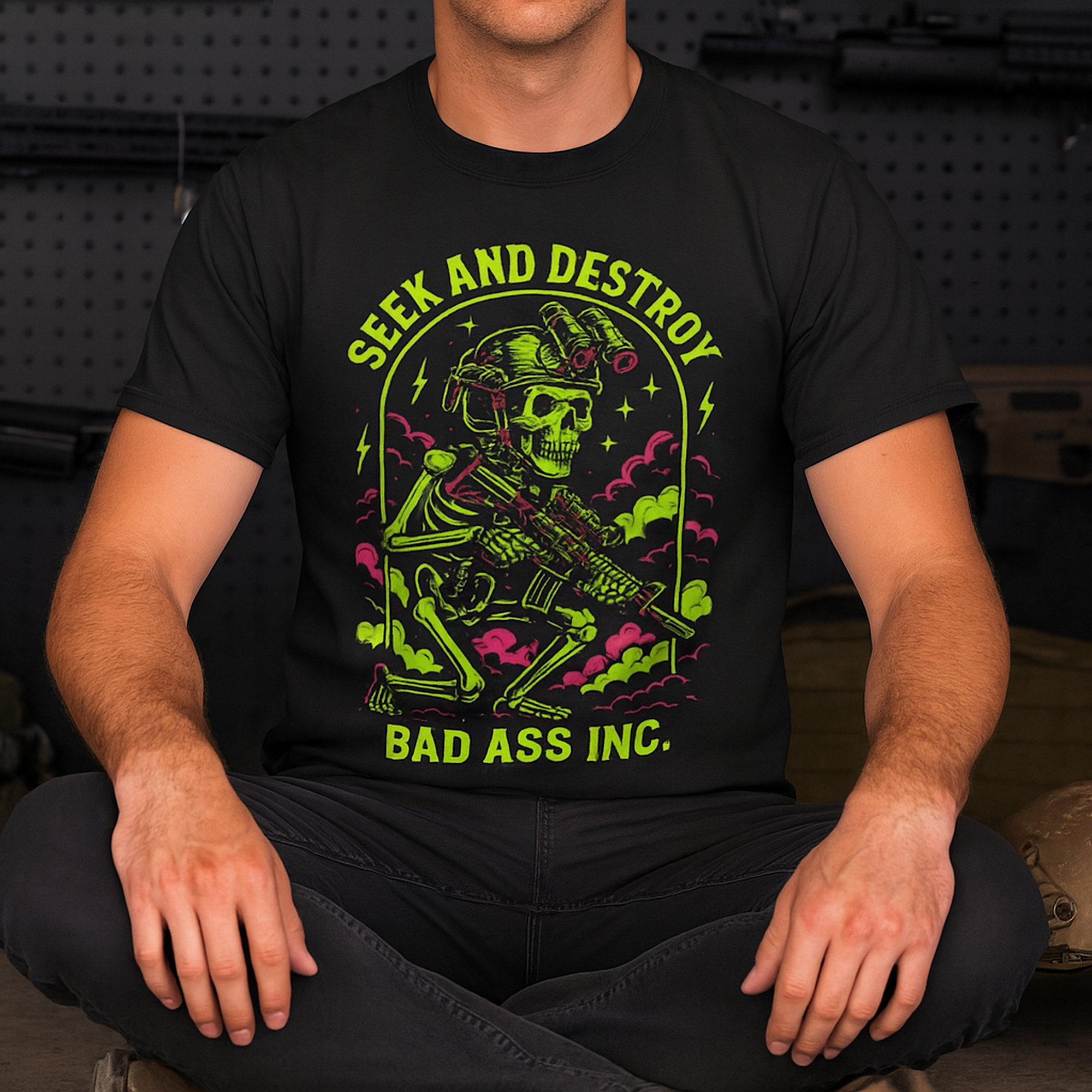 Tactical Skeleton Shirt Seek and Destroy Bad Ass Inc Neon Military Rifle Tee Tactical Skeleton Shirt Seek and Destroy Bad Ass Inc Neon Military Rifle Tee