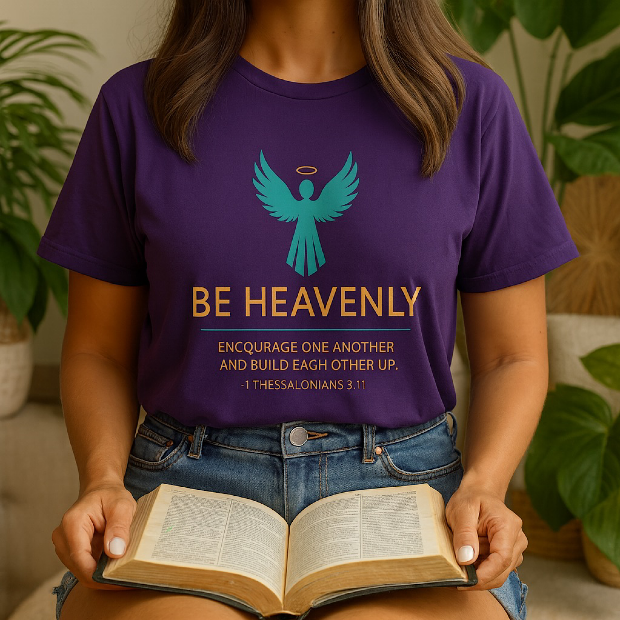 Be Heavenly Christian T-Shirt Bible Verse Angel Wings Religious Faith Tee
