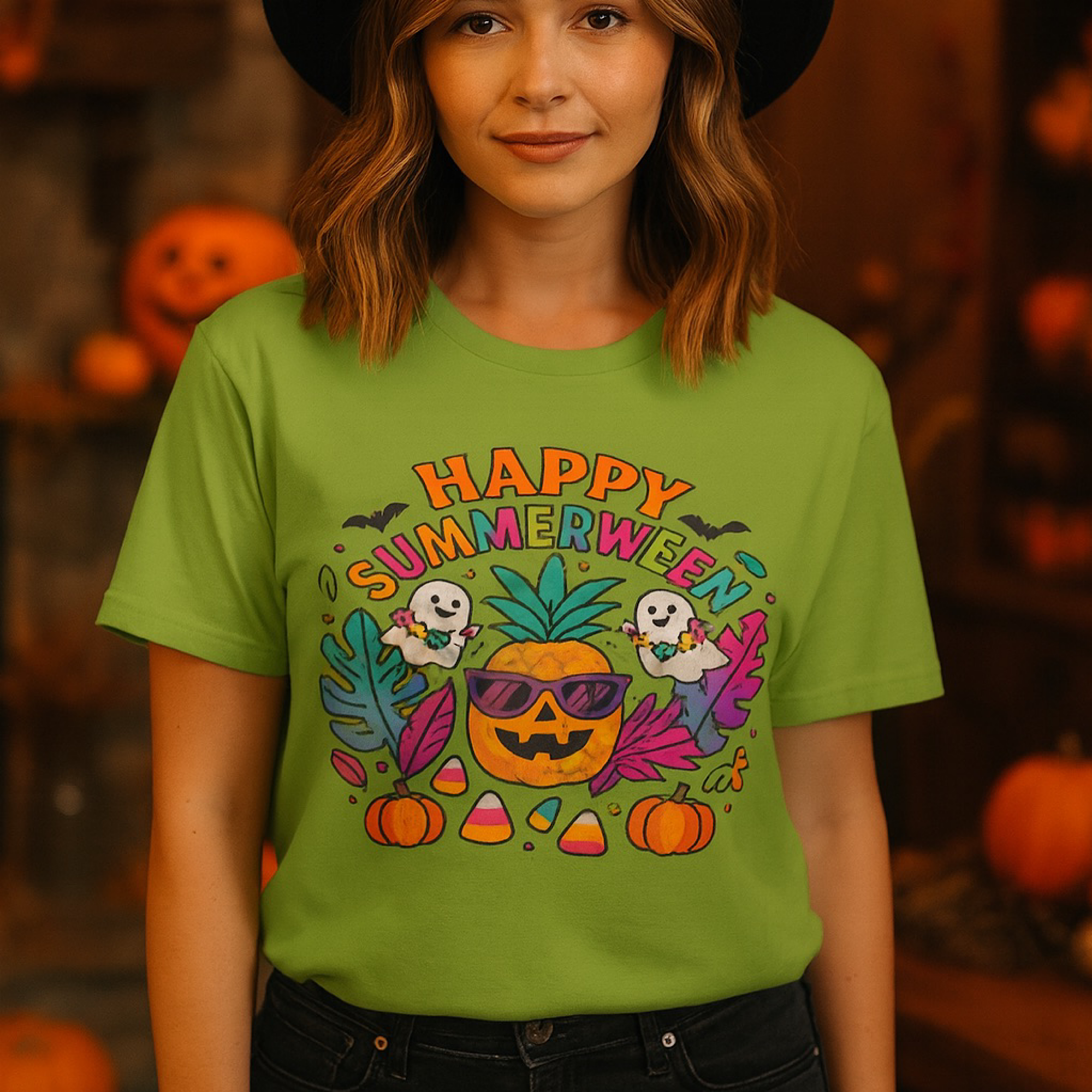 Happy Summerween T-Shirt – Tropical Halloween Pineapple Ghost Shirt | Cute &amp; Colorful Summer Spooky Tee
