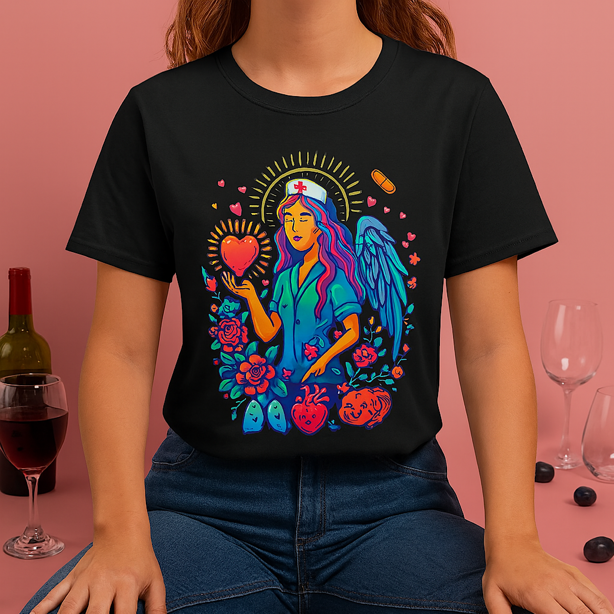 Nurse Angel T-Shirt – Neon Medical Art Tee for Healthcare Heroes