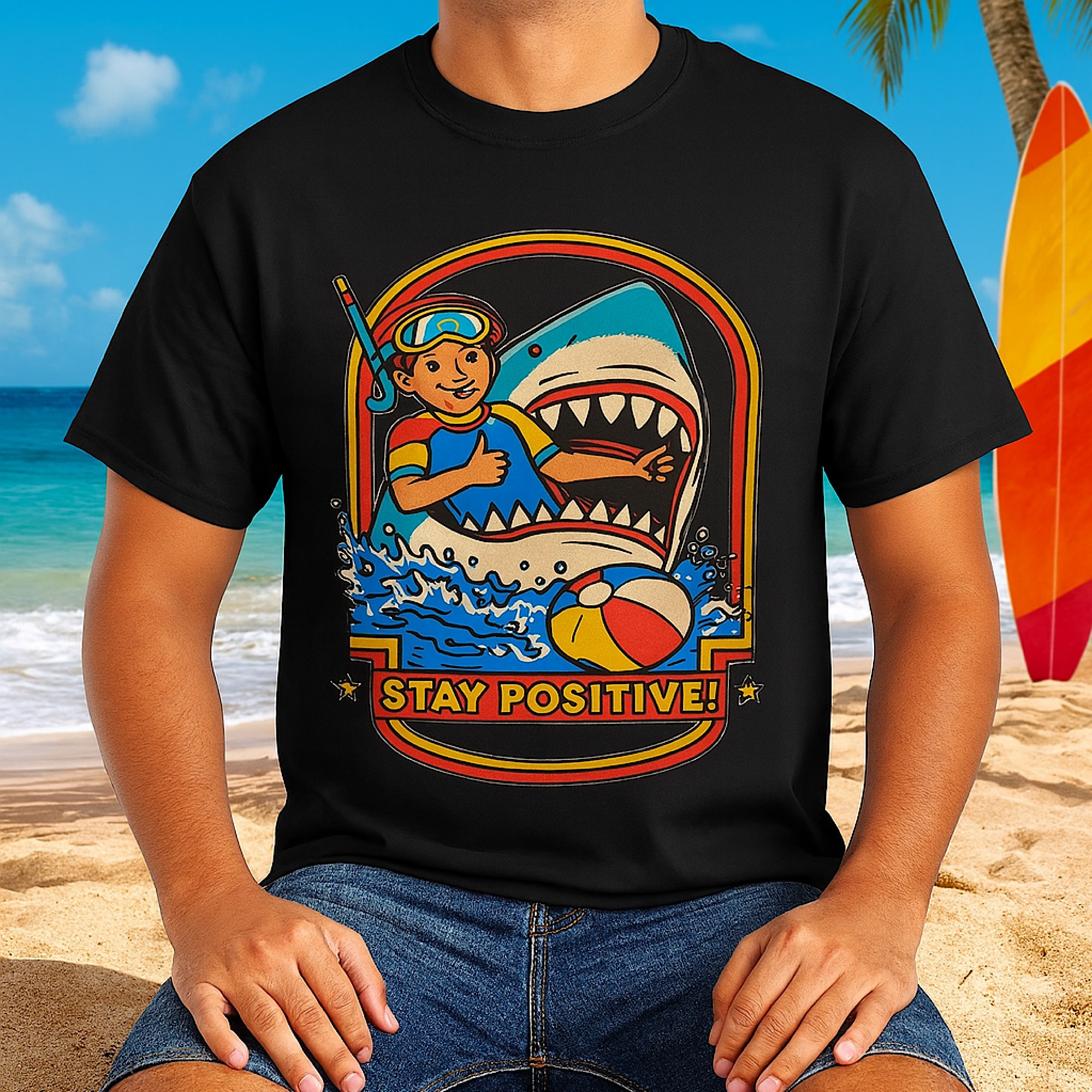 Funny Retro Shark Attack Beach T-Shirt – Stay Positive Summer Graphic Tee