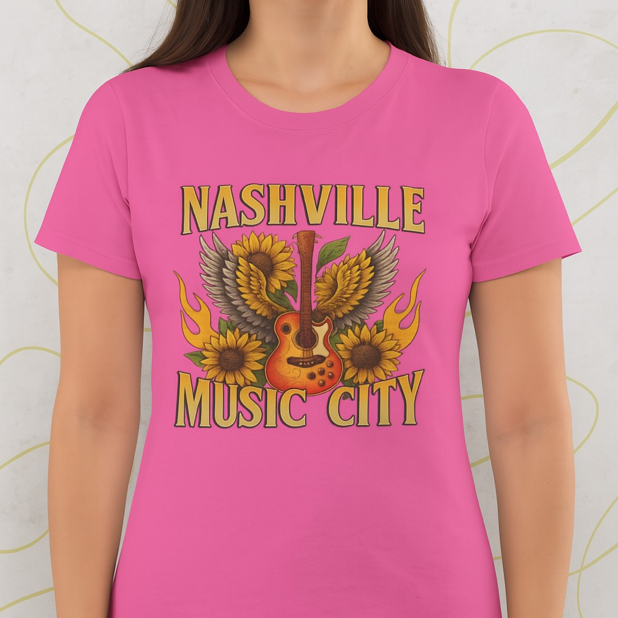Nashville Music City Women’s Shirt Sunflower Guitar Wings Country Western Tee product thumbnail image