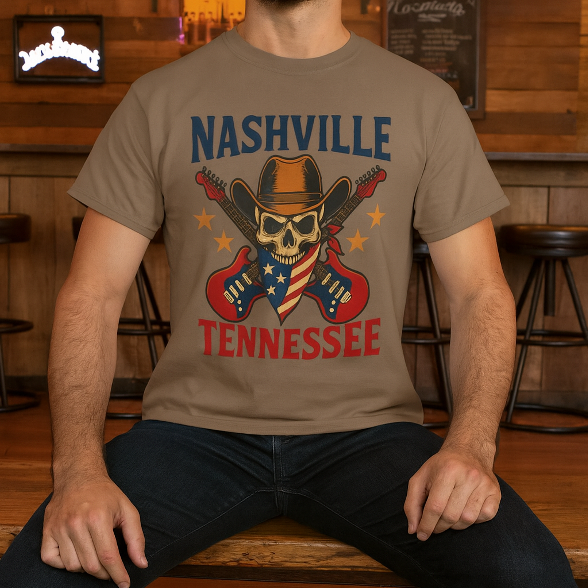 Nashville Tennessee Skull Cowboy Hat Guitar Shirt Country Rock Western Music USA