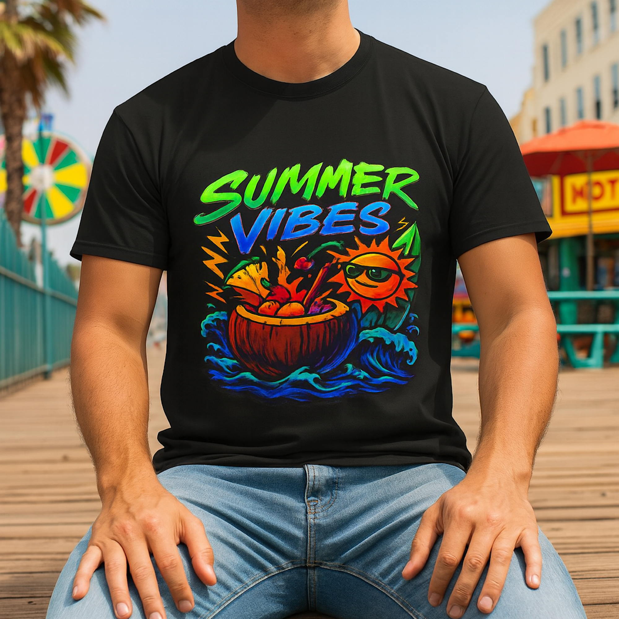 Summer Vibes Graphic T-Shirt – Tropical Coconut Drink &amp; Sun – Bright Neon Summer Beach Shirt