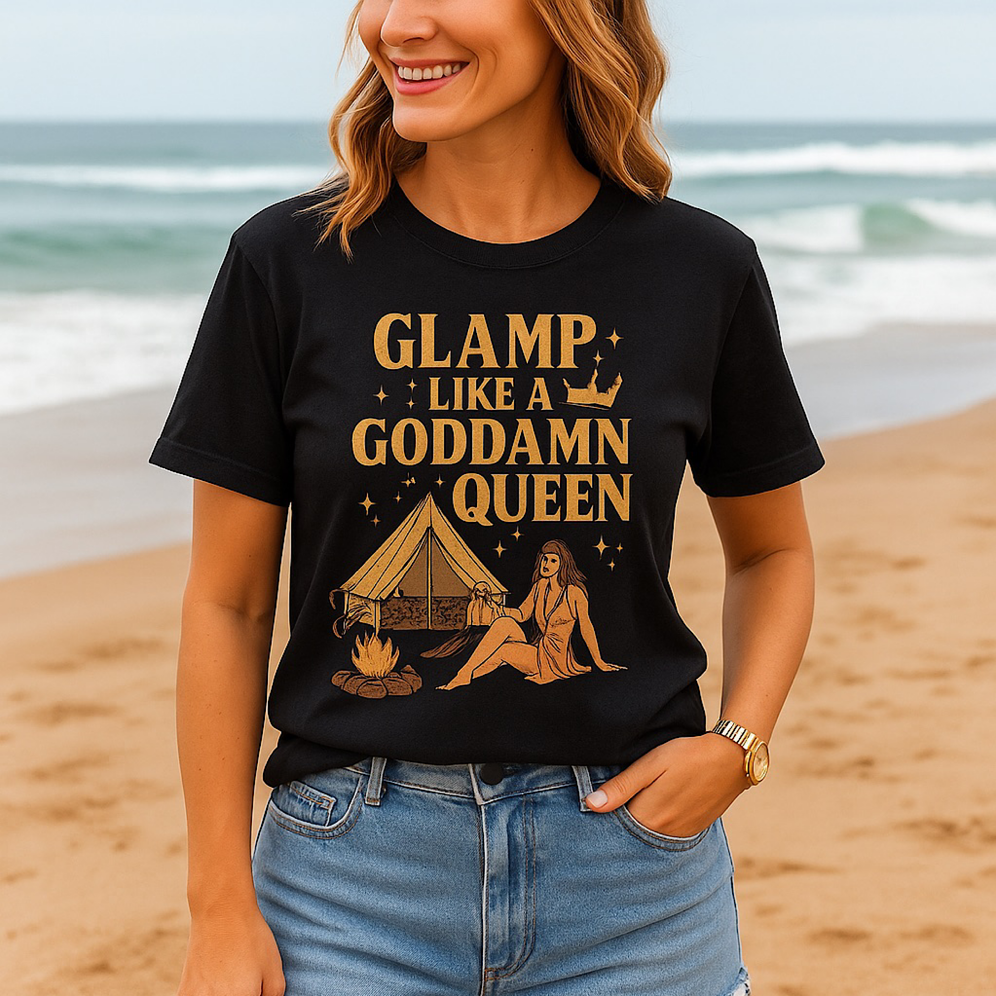 Title: Glamp Like a Goddamn Queen T-Shirt – Funny Camping Glamping Graphic Tee for Women