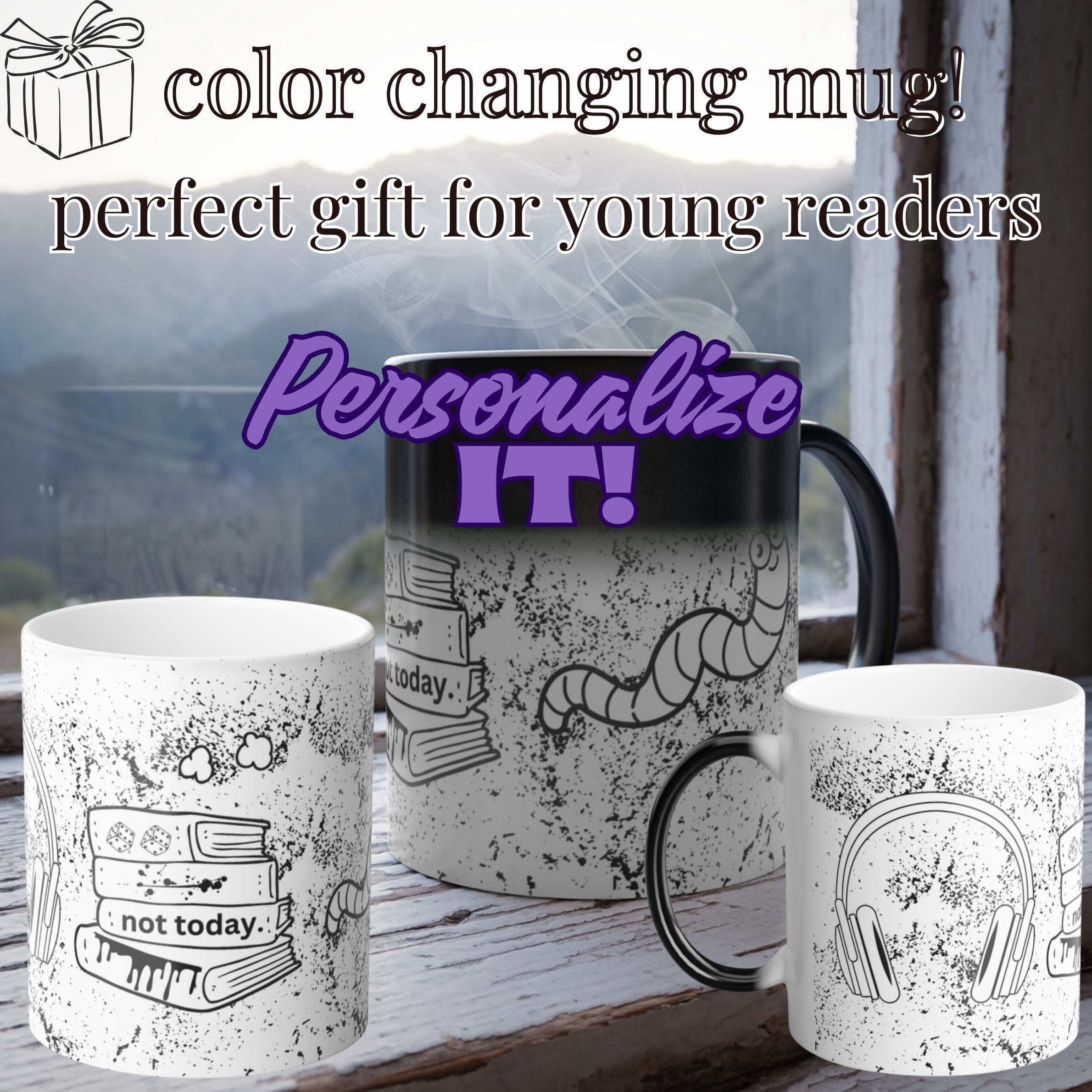 Personalized Bookworm Mug, Color Changing Magic Mug for Teen, Tween & Young Reader Gift, Heat Reveal Cup, Back to School, Custom Name product thumbnail image Personalized Bookworm Mug, Color Changing Magic Mug for Teen, Tween & Young Reader Gift, Heat Reveal Cup, Back to School, Custom Name product thumbnail image