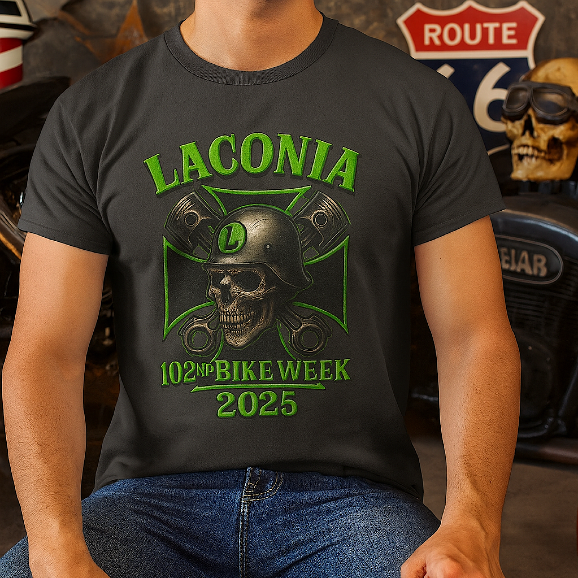 Laconia Bike Week 2025 Skull Biker Shirt – 102nd Anniversary Rally Tee | Tattoo Gothic Style product thumbnail image