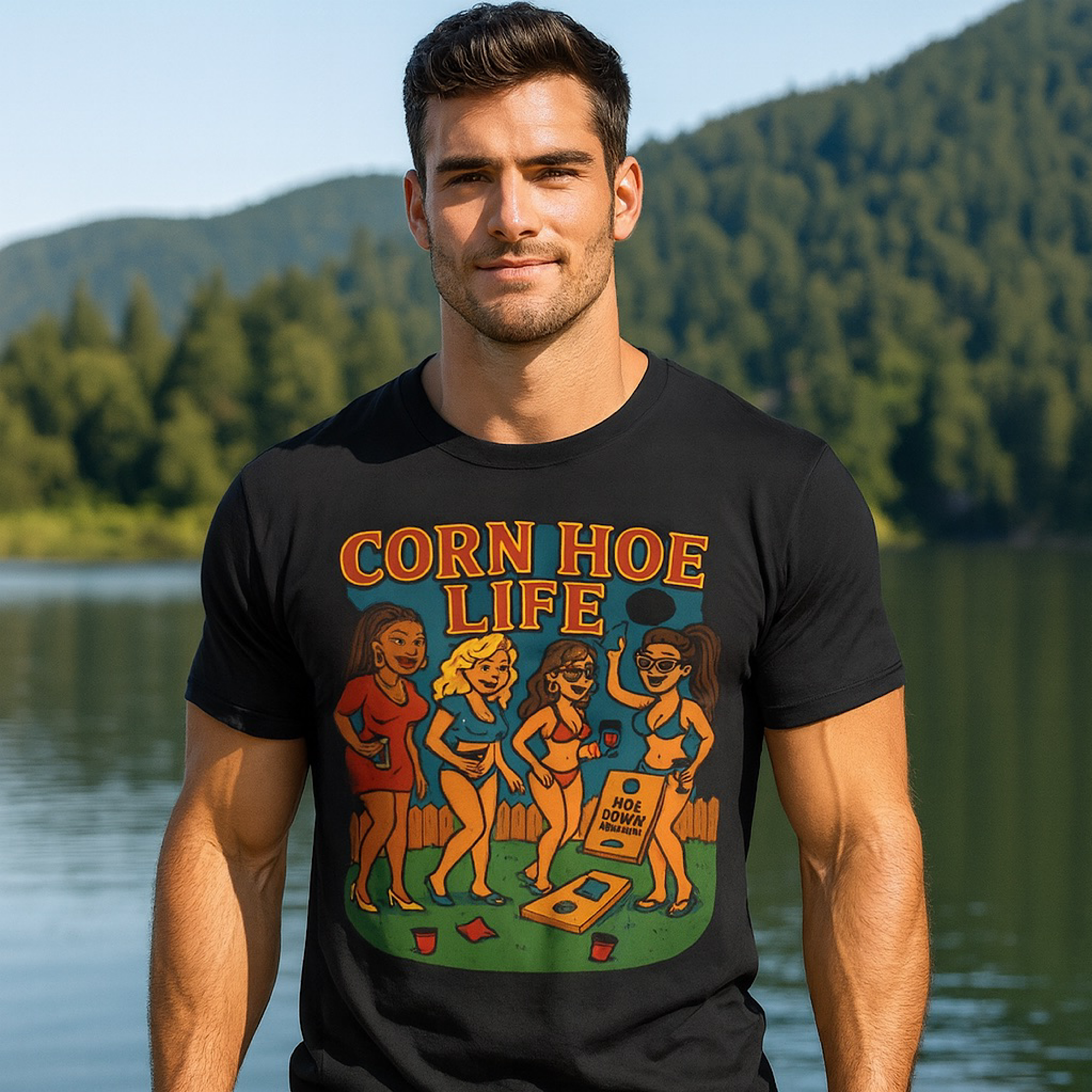 Corn Hoe Life Funny Cornhole T-Shirt – Backyard BBQ Party Game Graphic Tee product thumbnail image