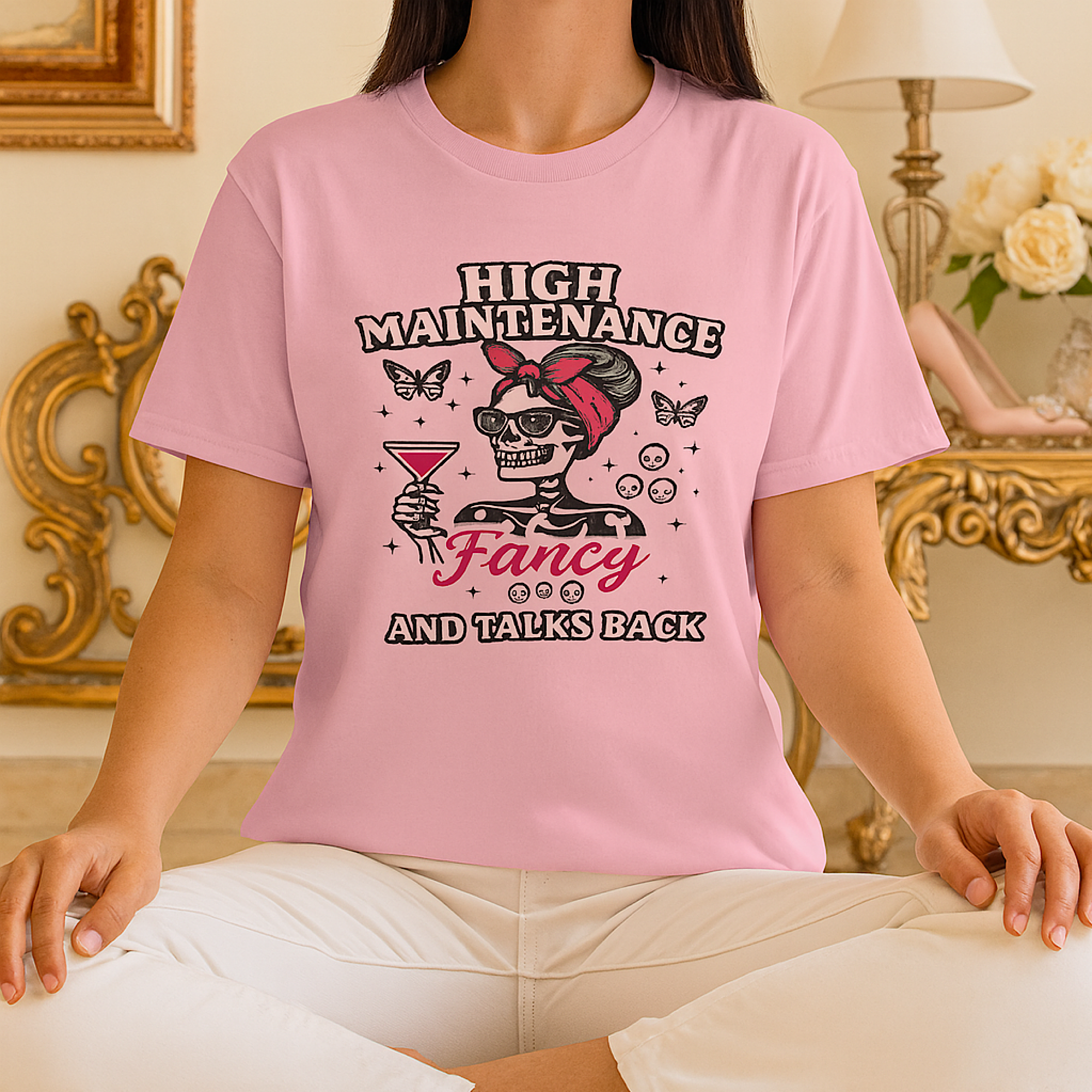 High Maintenance Fancy Talks Back Shirt Funny Diva Skeleton Pink Tee Sassy Goth product thumbnail image