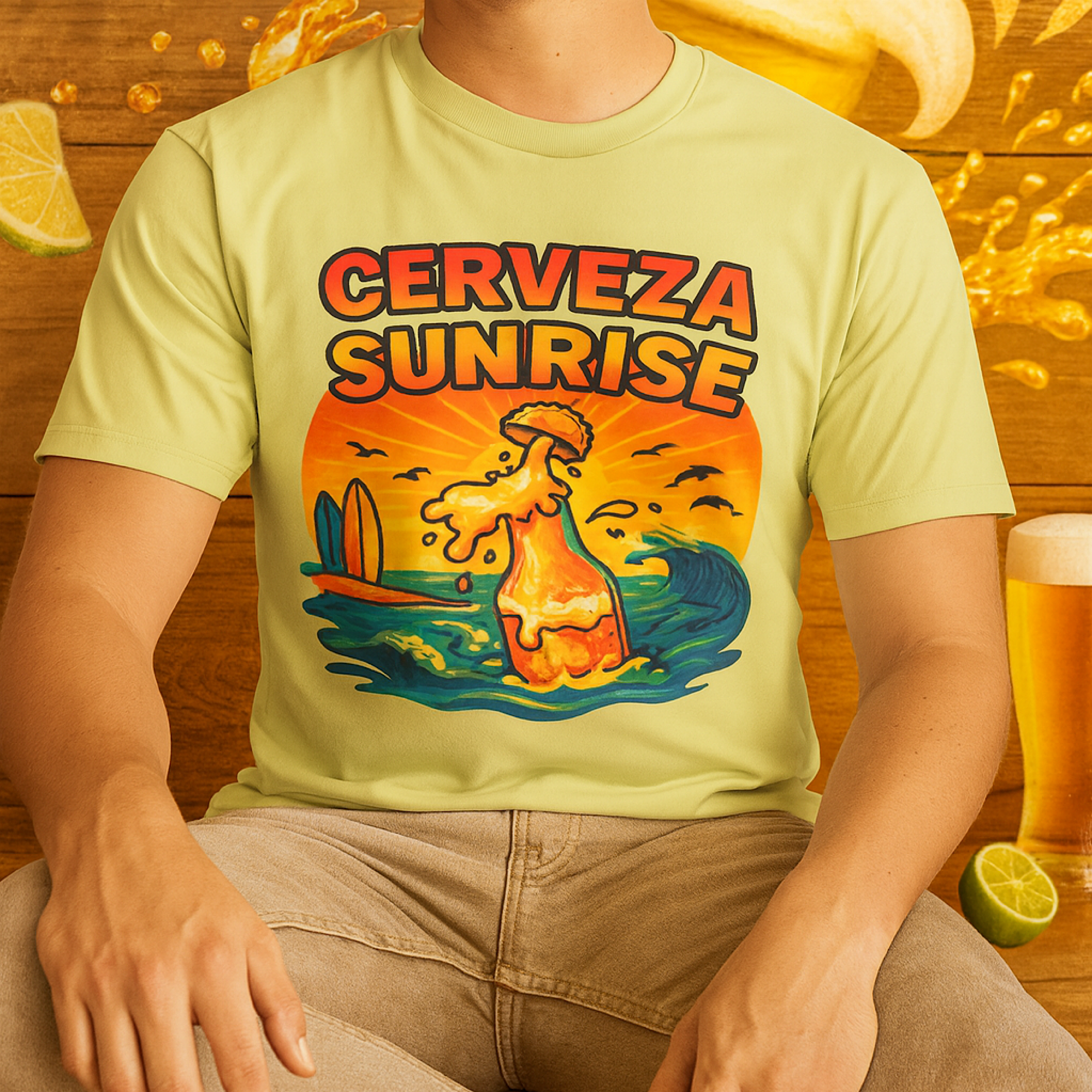 Cerveza Sunrise T-Shirt – Fun Tropical Beer & Surf Graphic Tee for Beach Lovers Cerveza Sunrise T-Shirt – Fun Tropical Beer & Surf Graphic Tee for Beach Lovers