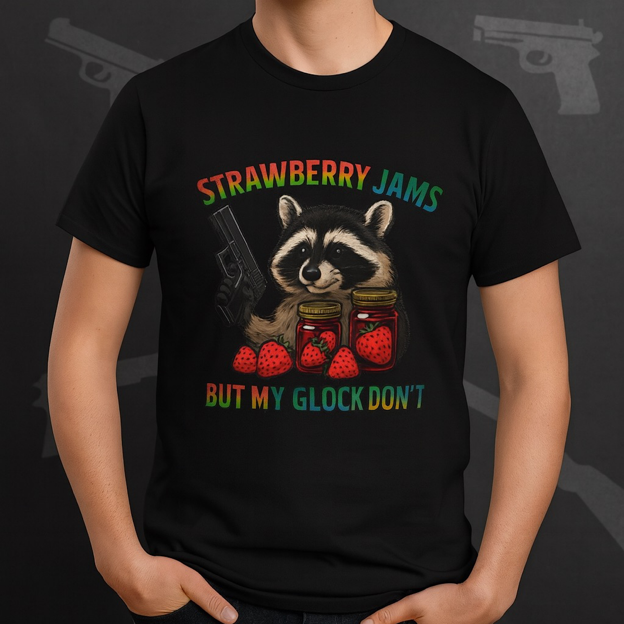 Funny Gun Raccoon Shirt “Strawberry Jams But My Glock Don’t” Men’s Tee 2A USA Funny Gun Raccoon Shirt “Strawberry Jams But My Glock Don’t” Men’s Tee 2A USA