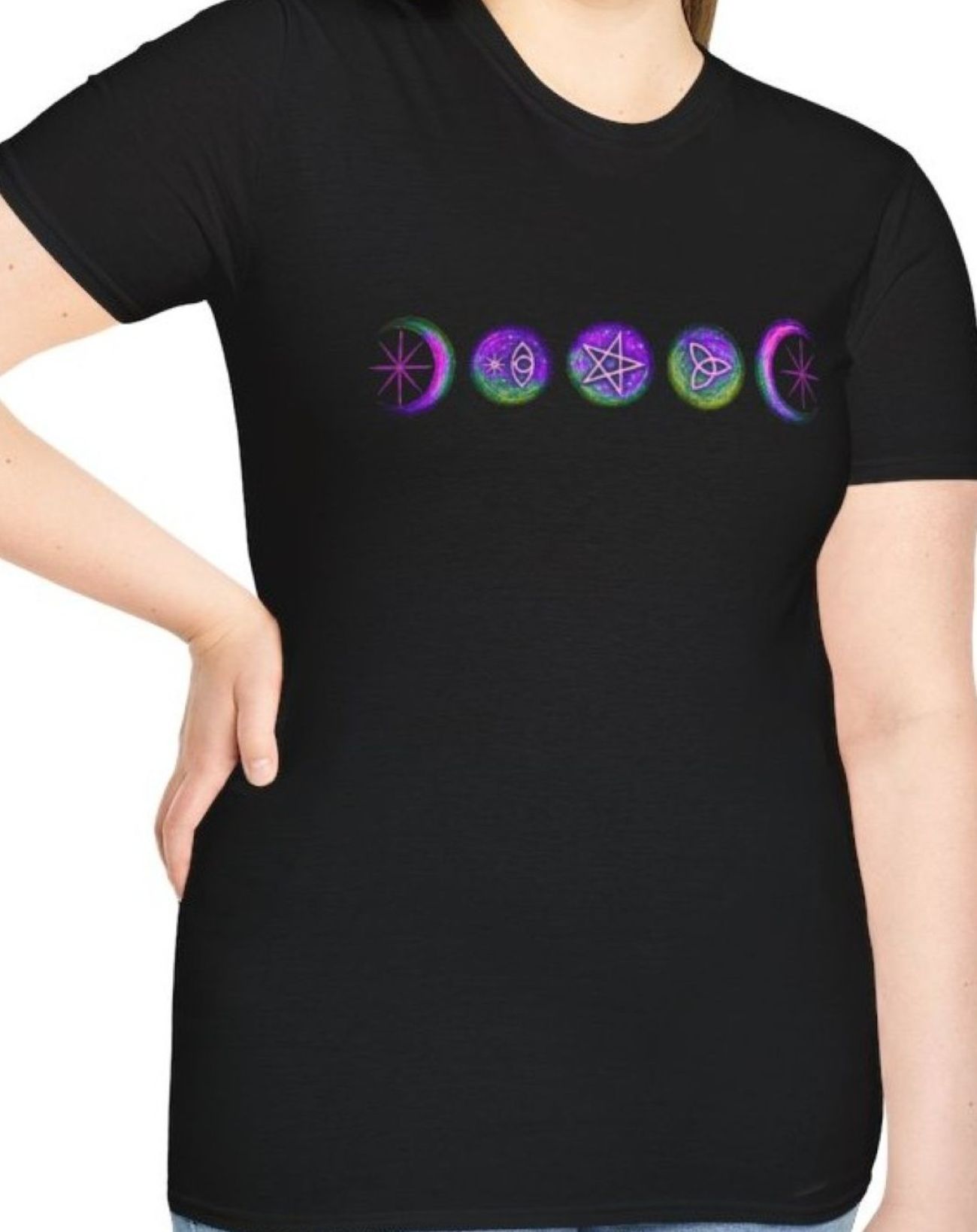 Mystical Moon Phase Tee – Boho Celestial Graphic Shirt, Witchy Unisex Softstyle, Astrology Gift