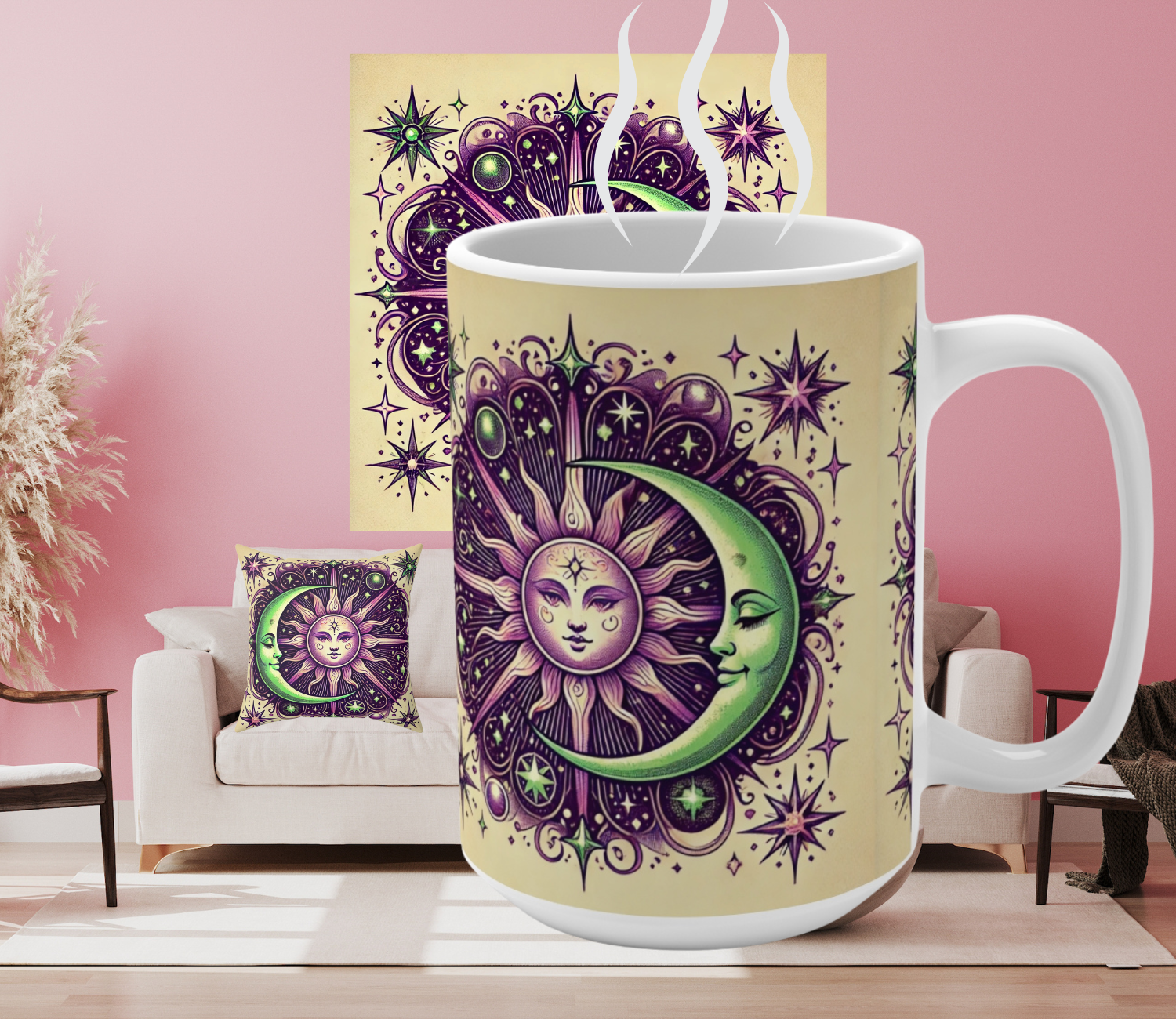 Celestial Sun and Moon Throw Pillow – Boho Zodiac Cushion, Astrology Decor, Cosmic Bedroom Accent product thumbnail image