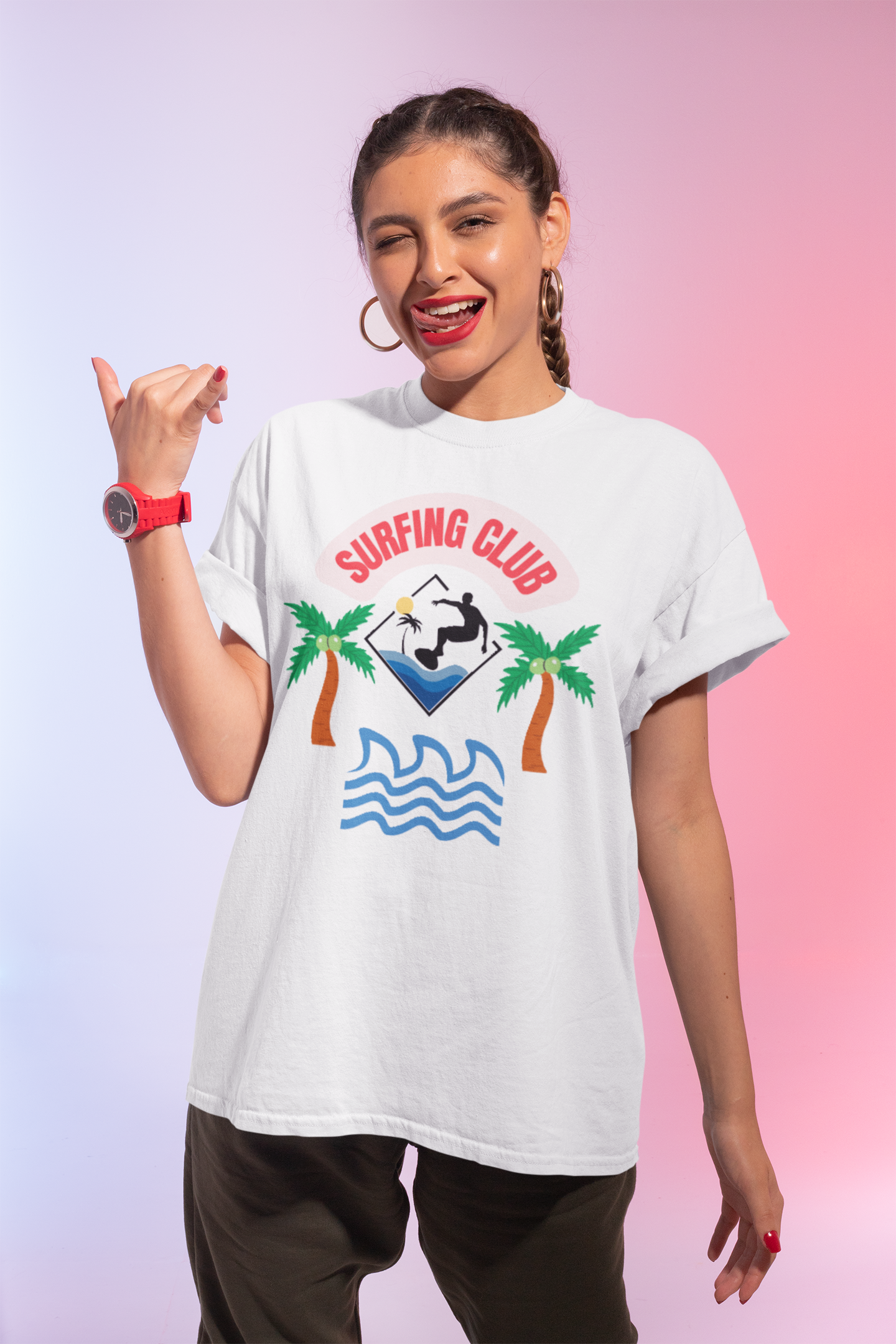 Surfing Club T-Shirt with Tropical Vibes, Summer Tee, Vacation Outfits, Casual Wear, Gifts for Beach Lovers, Relaxed Style product thumbnail image