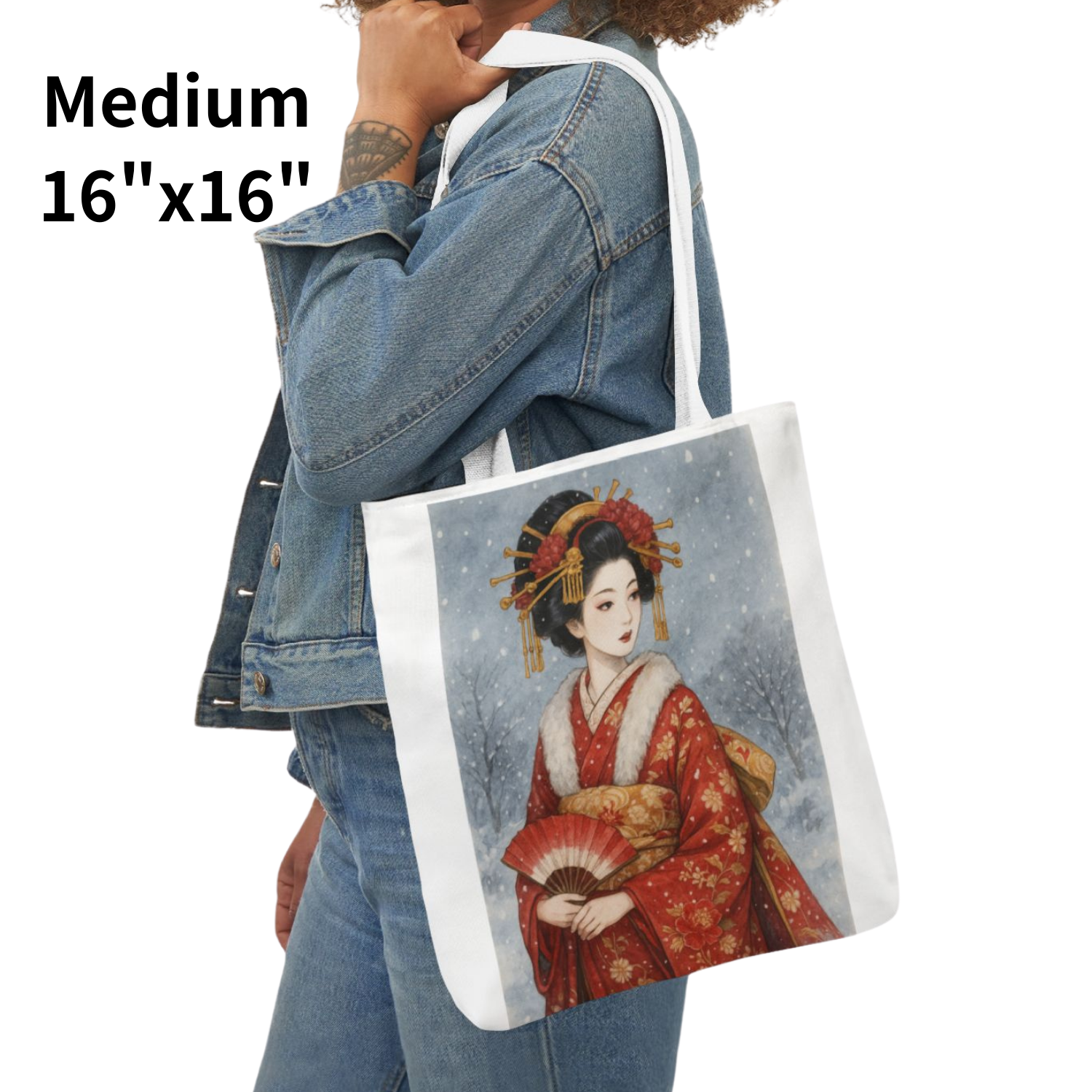 Elegant Japanese Geisha Tote Bag – Medium 16×16″ – 5 Strap Colors