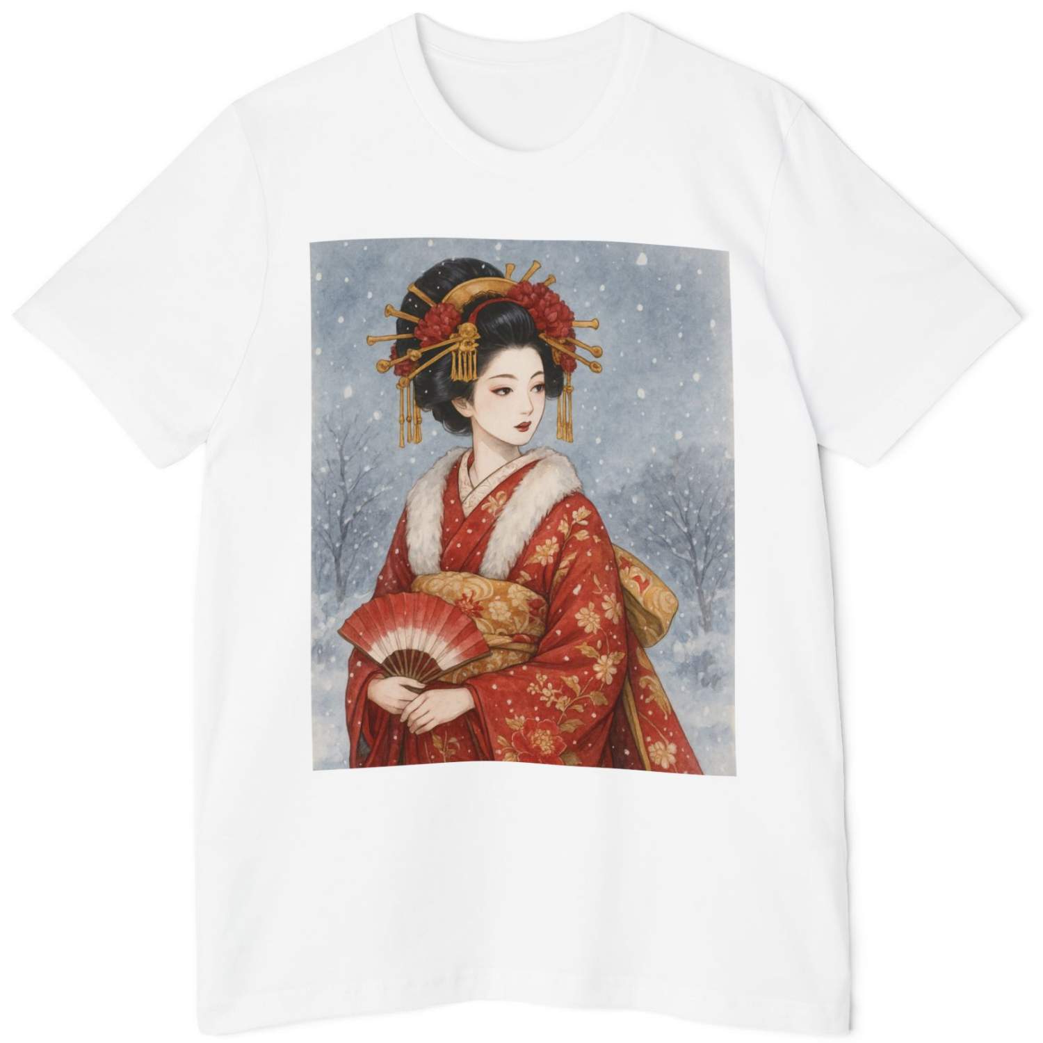 Elegant Japanese Geisha in Red Kimono T-Shirt – Watercolor Snow Scene, Traditional Kimono Fashion, Artistic Gift for Her