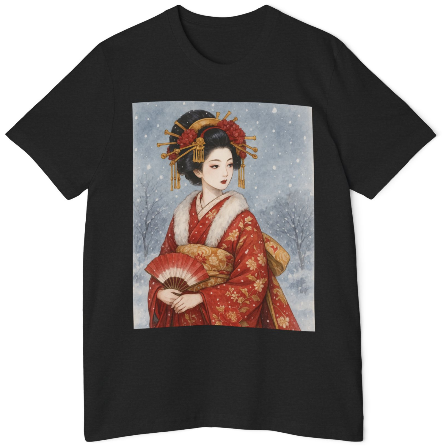 Elegant Japanese Geisha in Red Kimono T-Shirt – Watercolor Snow Scene, Traditional Kimono Fashion, Artistic Gift for Her