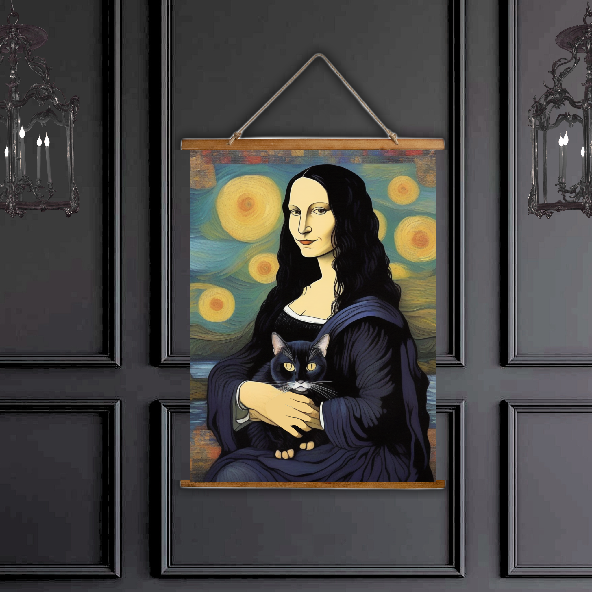 Mona Lisa and Cat Wall Tapestry, Vintage Home Décor, Van Gough Wall Art