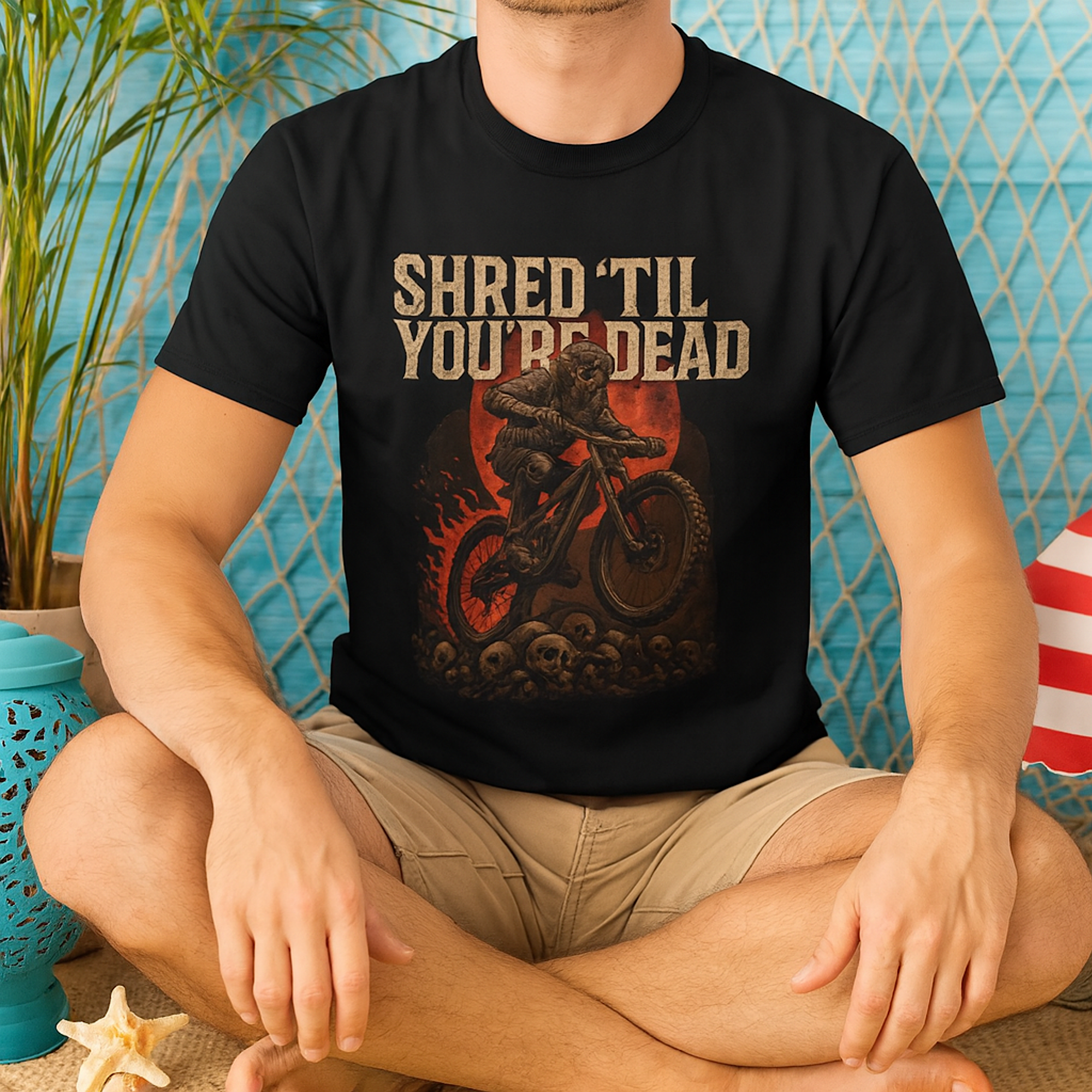 Shred ‘Til You’re Dead Mountain Bike T-Shirt | Skull Rider MTB Graphic Tee | Extreme Sports Biker Shirt