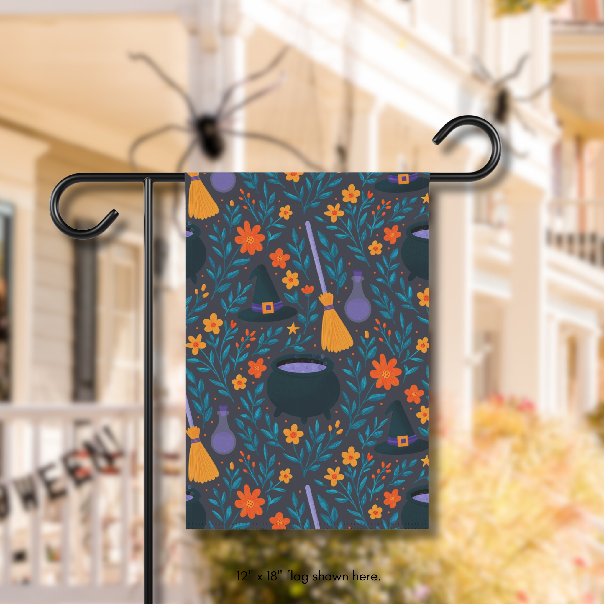 Witch’s Brew &amp; Blooms Whimsical Garden Banner, Decorative Outdoor Flag, Colorful Floral Yard Decor, Witchy Theme Halloween Banner, Seasonal Garden Decoration