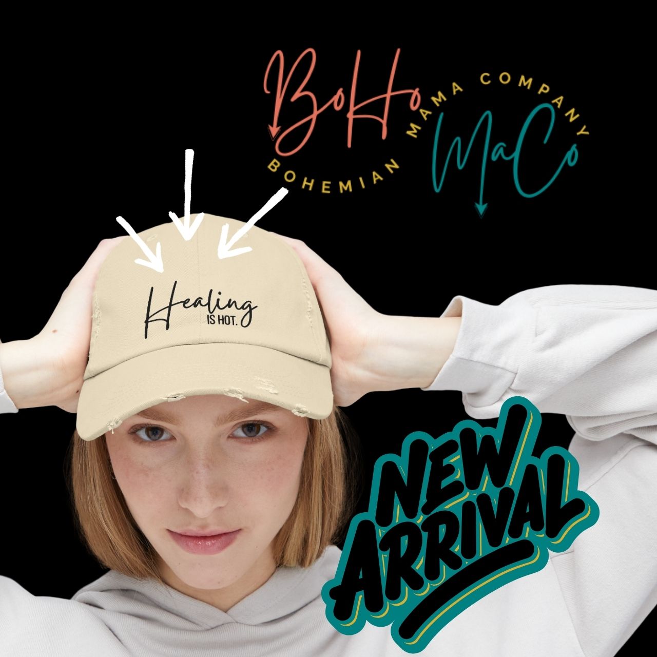 Healing is Hot Distressed Cap By BoHoMaCo Designed by Arrow Indigo - Unisex Hat, Casual Summer Accessory, Gift for Wellness Enthusiasts, Perfect for Outdoor Events product thumbnail image