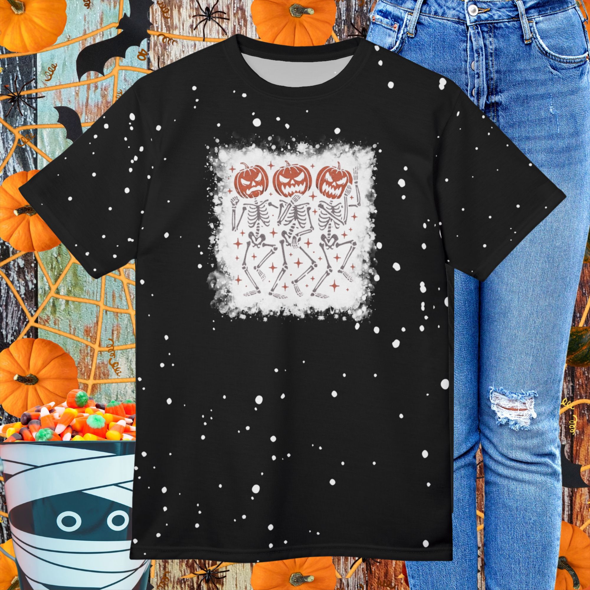 Dancing Pumpkin Skeletons Bleach Splatter Tee