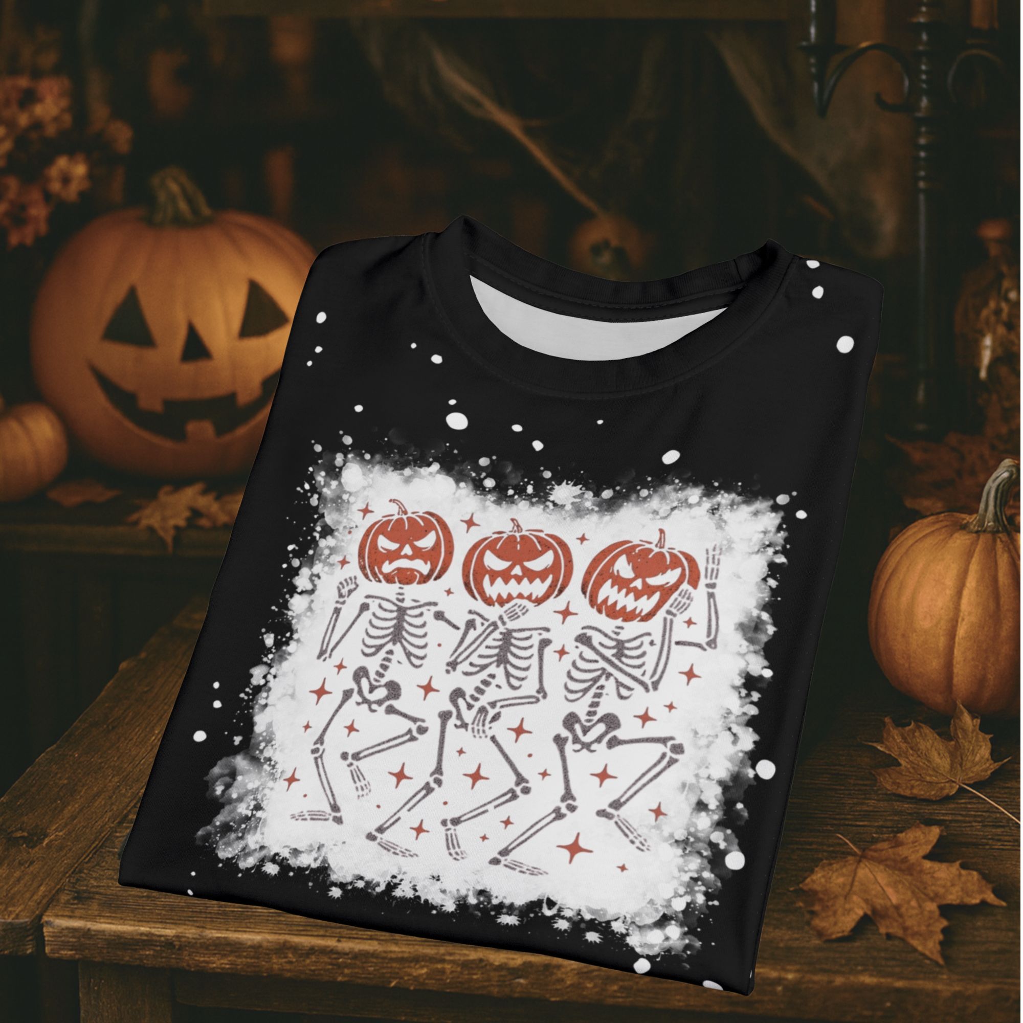 Dancing Pumpkin Skeletons Bleach Splatter Tee product thumbnail image