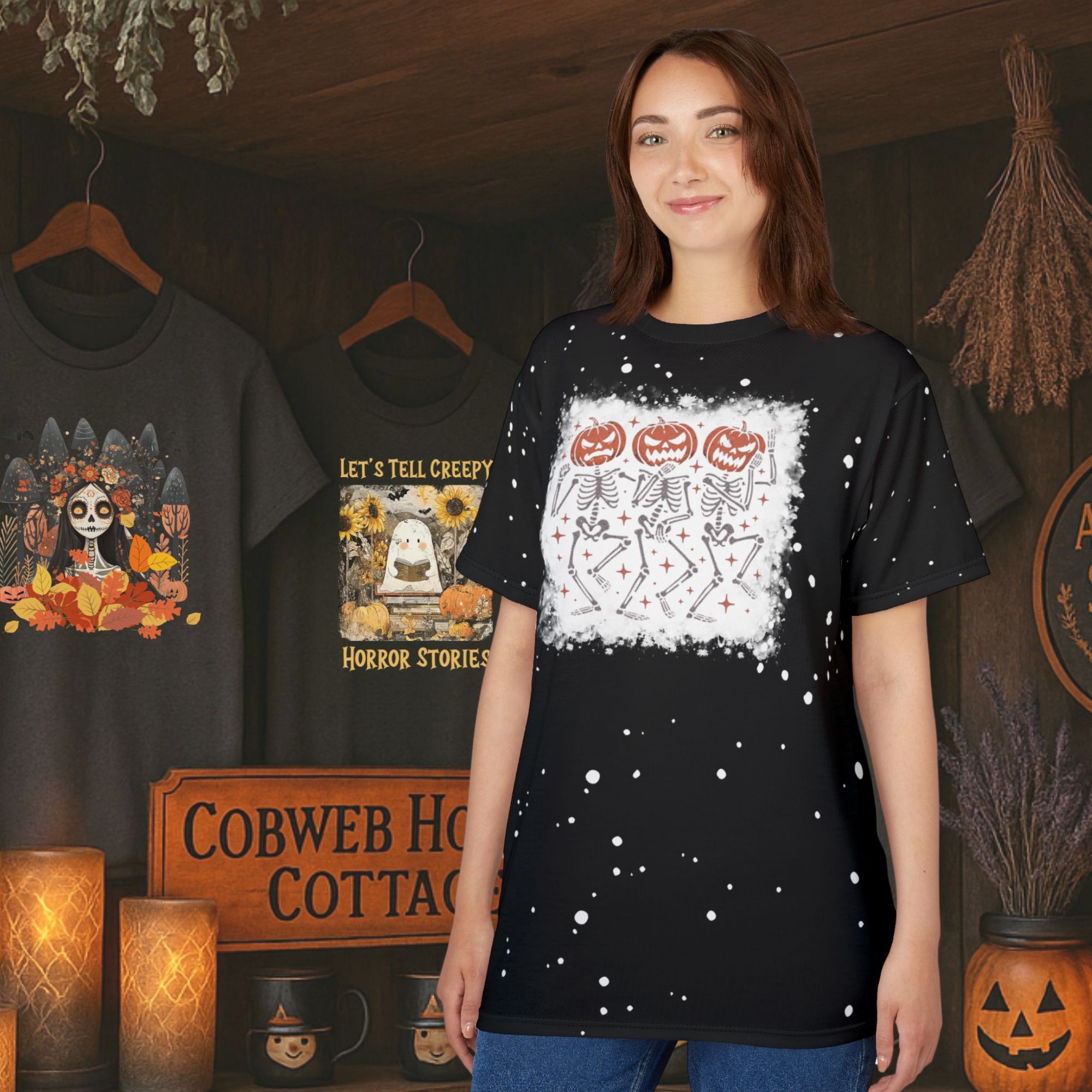 Dancing Pumpkin Skeletons Bleach Splatter Tee product thumbnail image
