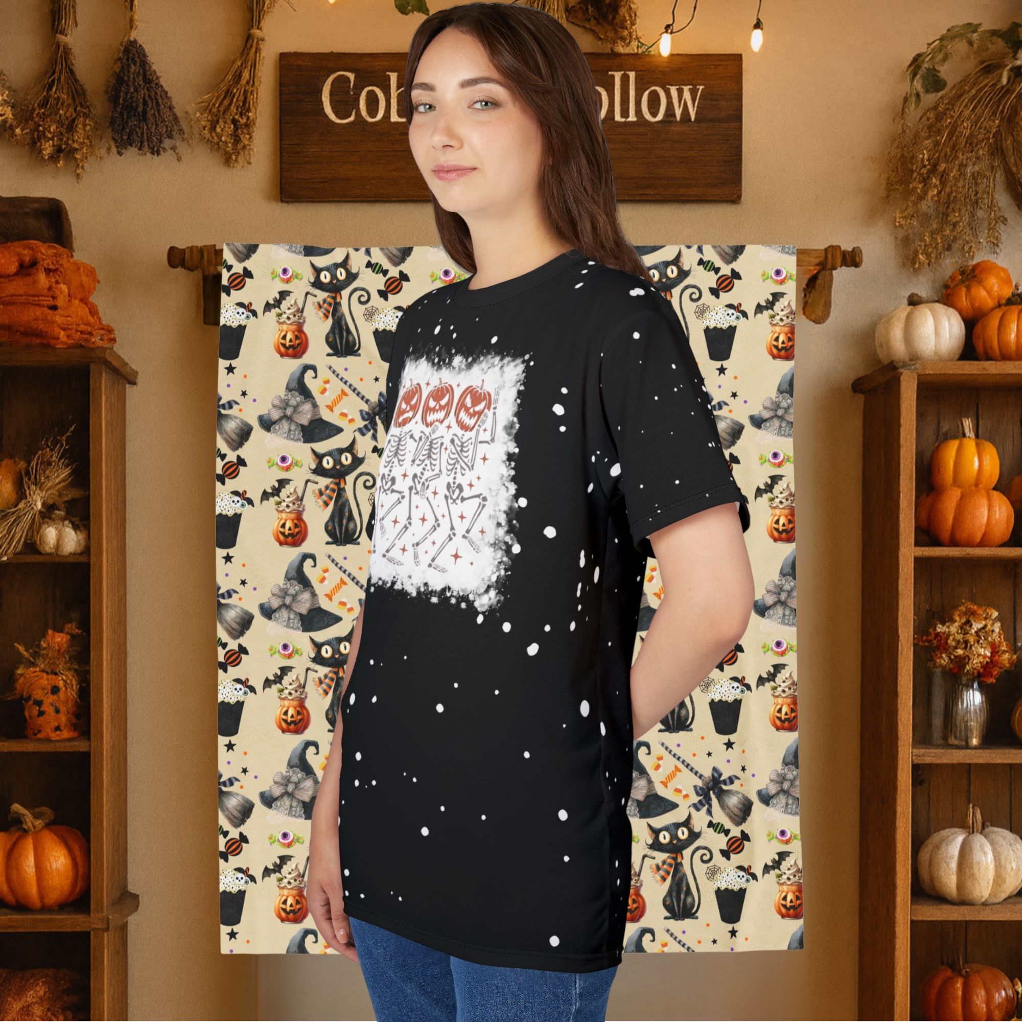 Dancing Pumpkin Skeletons Bleach Splatter Tee product thumbnail image