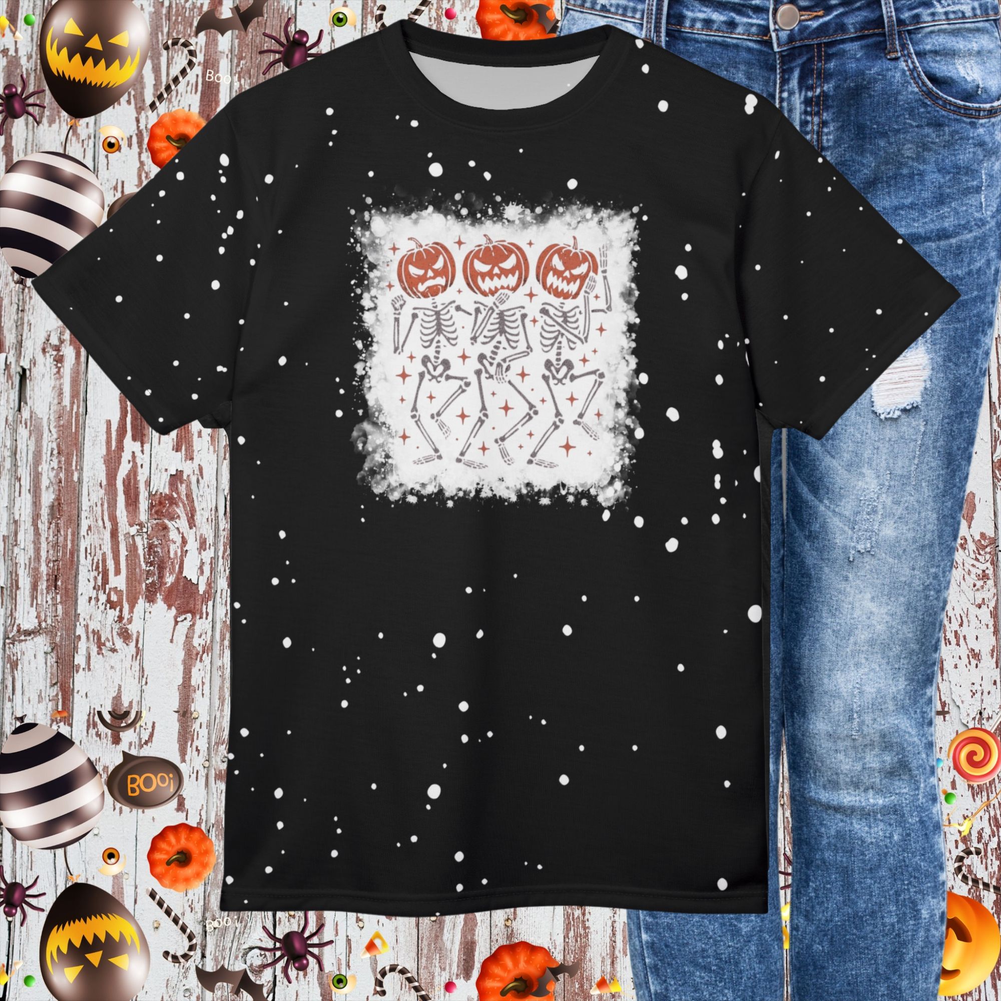 Dancing Pumpkin Skeletons Bleach Splatter Tee product thumbnail image
