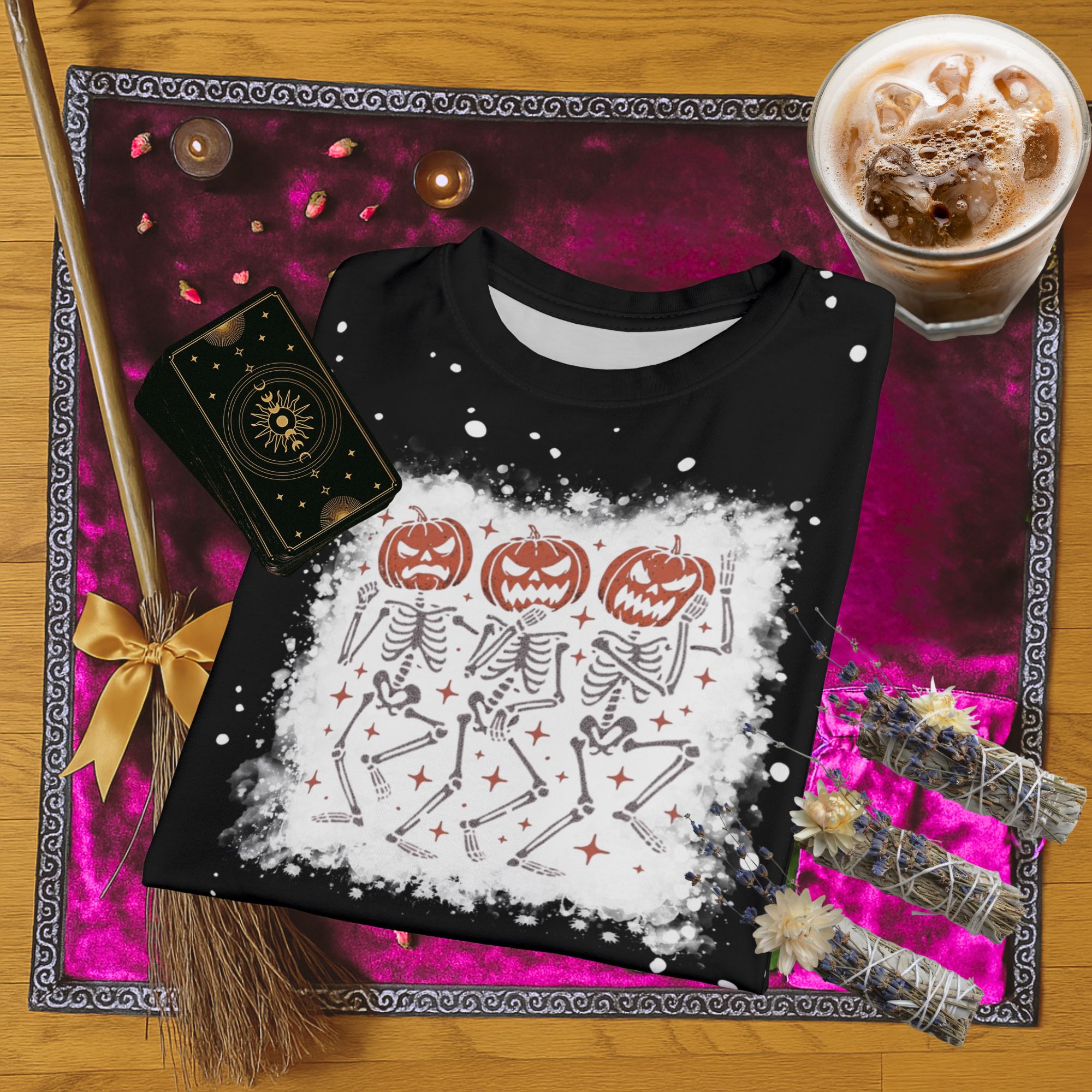 Dancing Pumpkin Skeletons Bleach Splatter Tee product thumbnail image