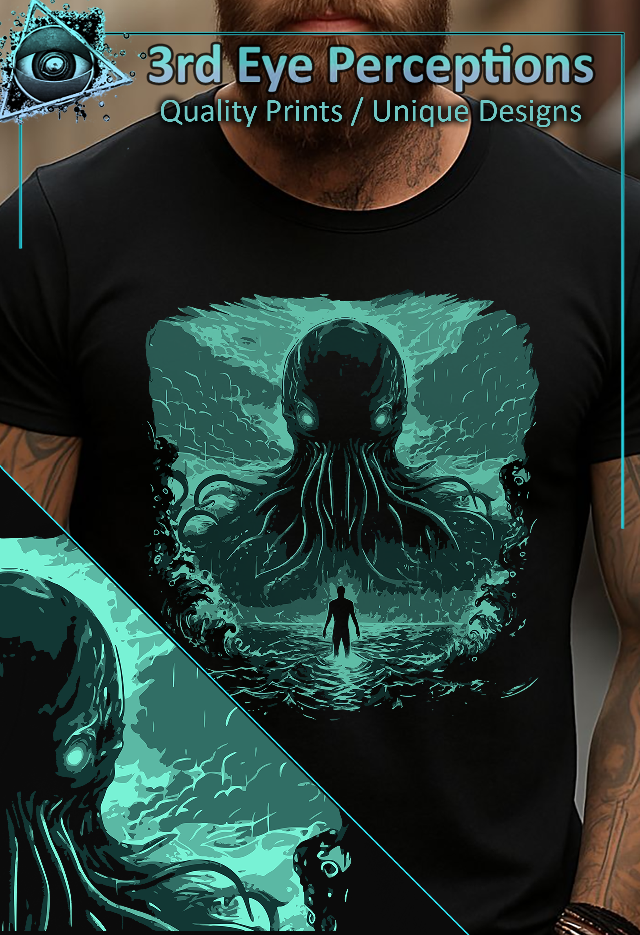 Vintage Cthulhu Cryptid Monster Lovecraft Horror Graphic Teal