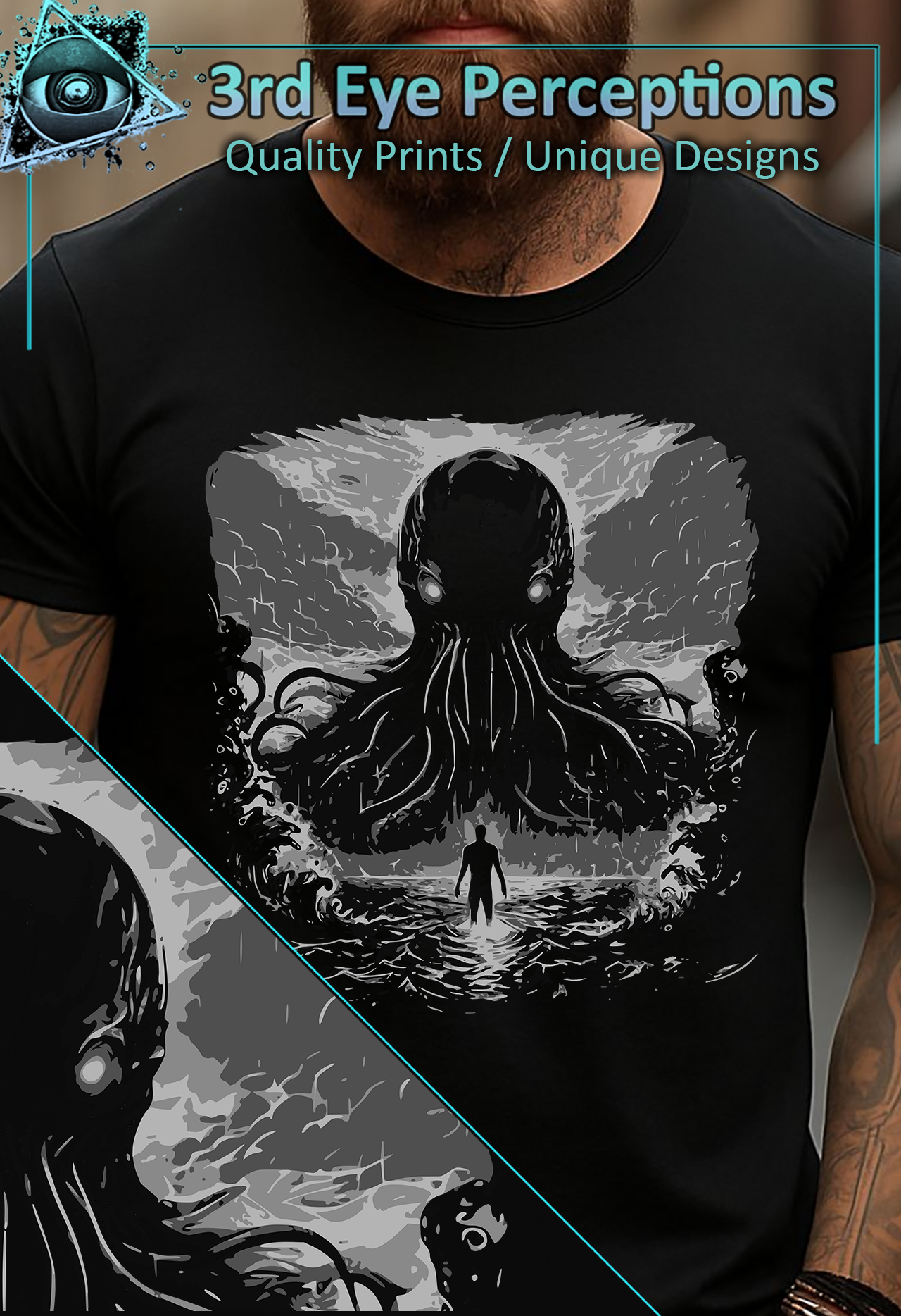 Vintage Cthulhu Cryptid Monster Lovecraft Horror Graphic BW