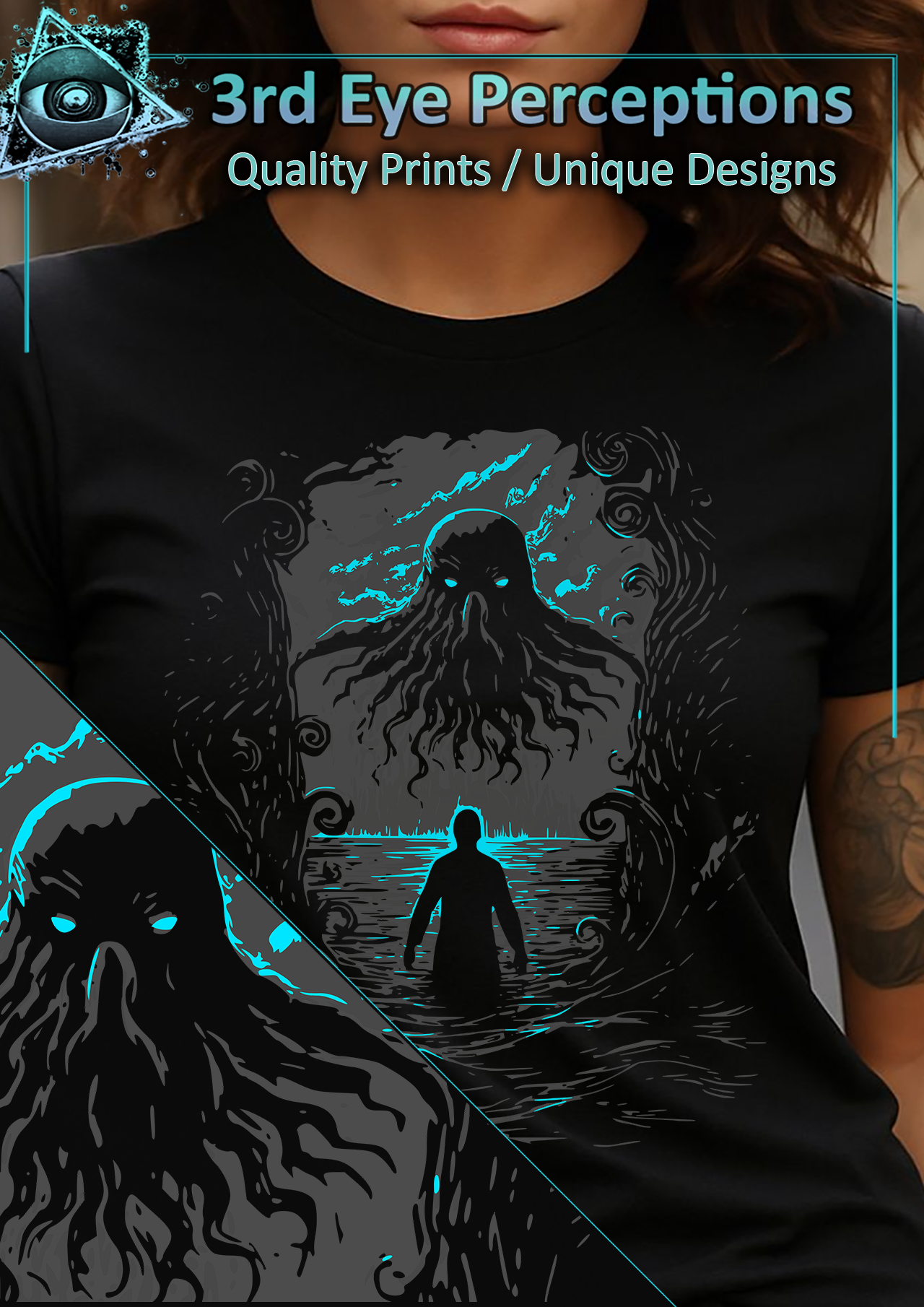 Vintage Cthulhu Cryptid Monster Lovecraft Horror Anime BW Blue